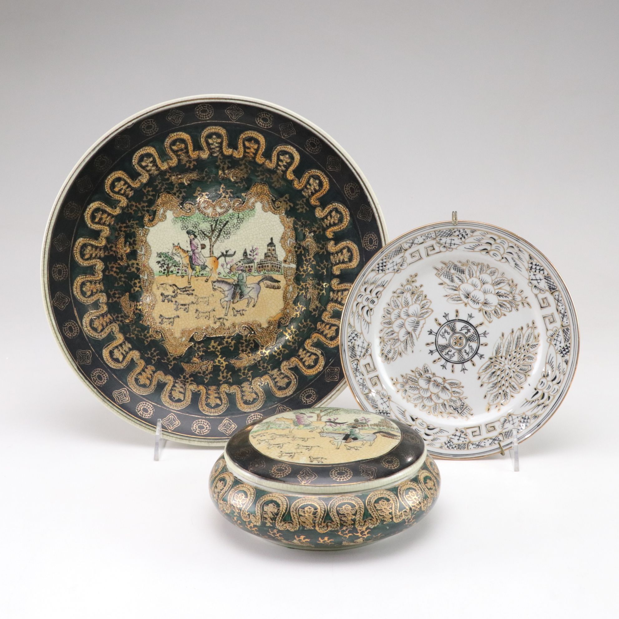 Hand-Painted Lidded Box & Decorative Plate with Hunting Motif