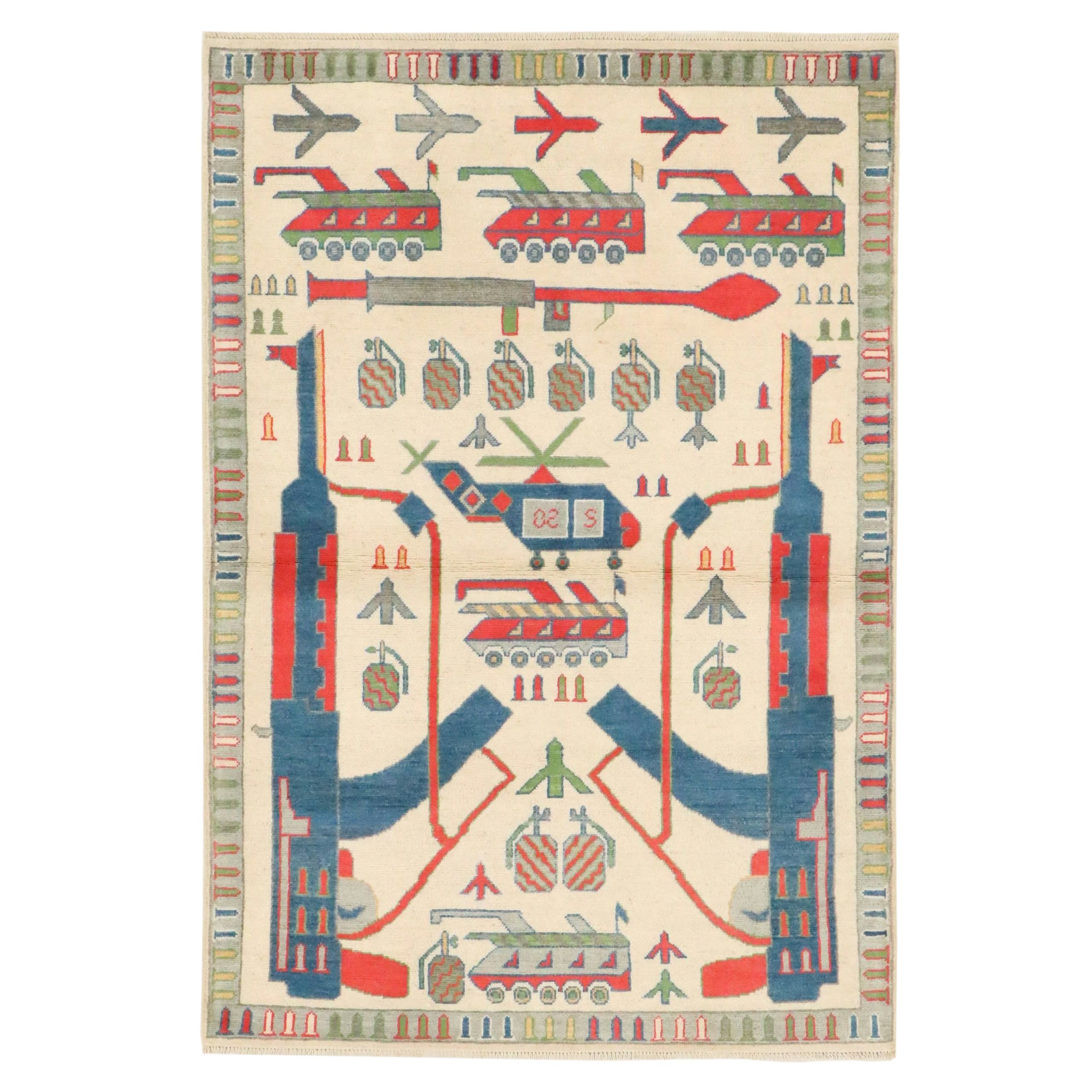 4'1 x 6' Hand-Knotted Afghan Pictorial War Area Rug