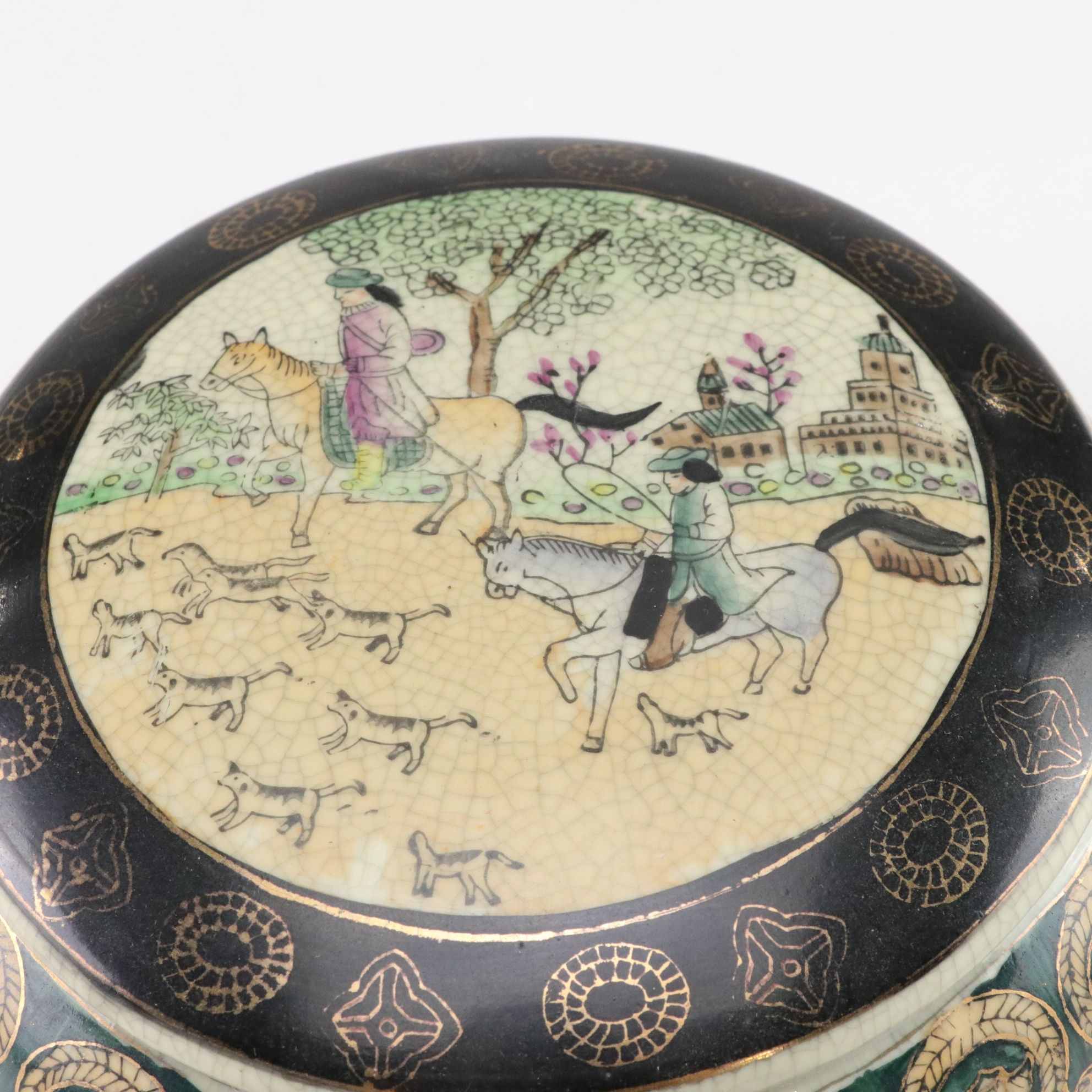 Hand-Painted Lidded Box & Decorative Plate with Hunting Motif