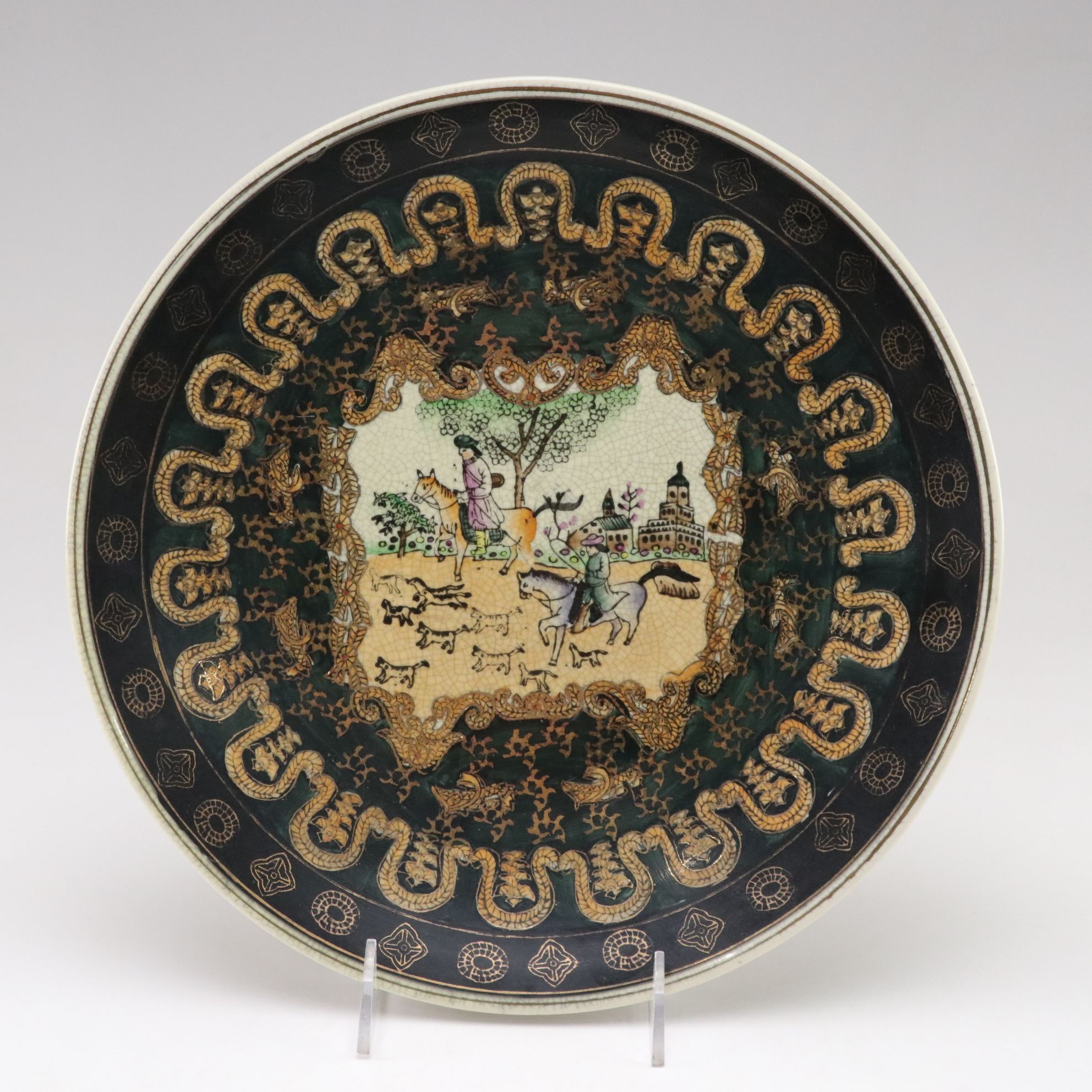 Hand-Painted Lidded Box & Decorative Plate with Hunting Motif