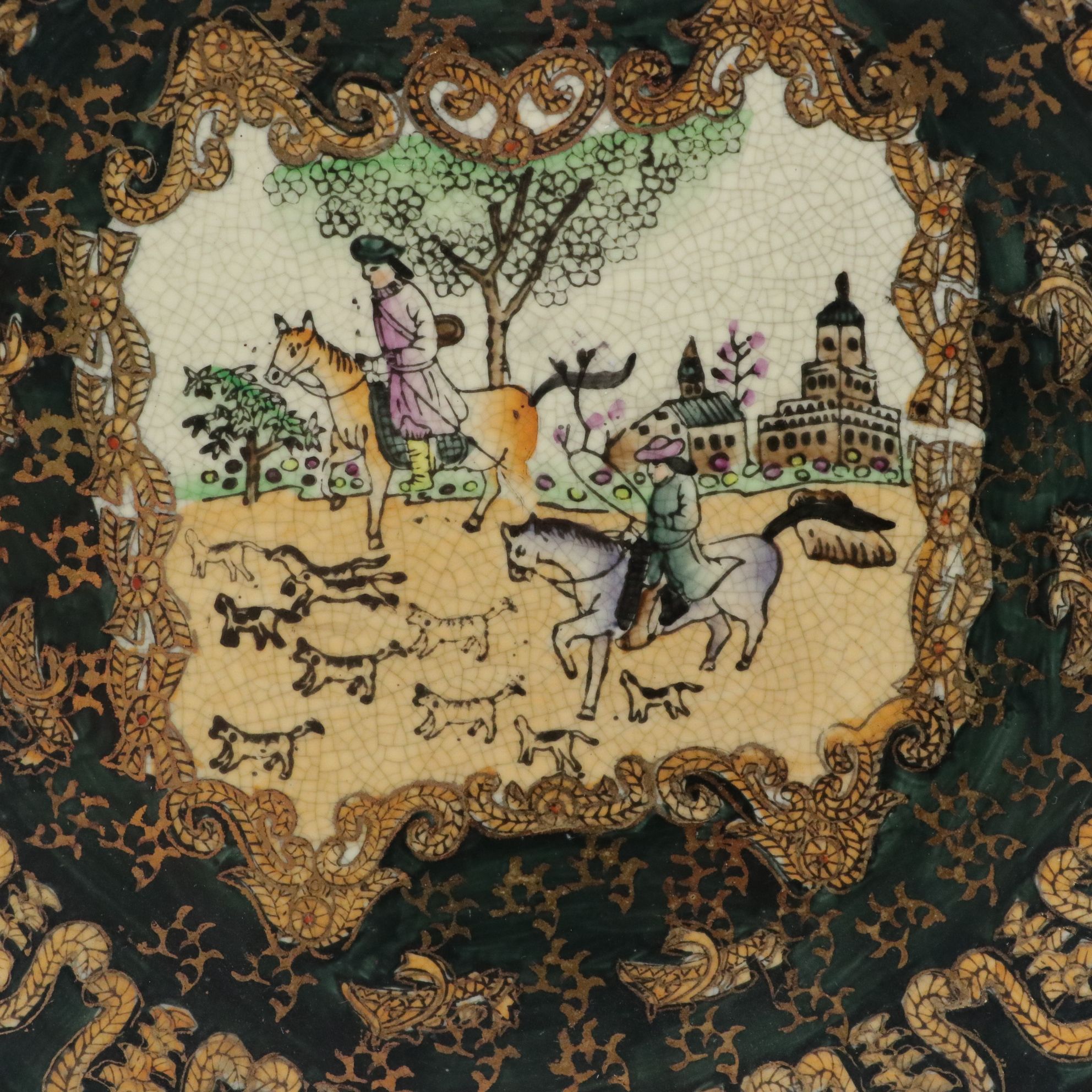 Hand-Painted Lidded Box & Decorative Plate with Hunting Motif