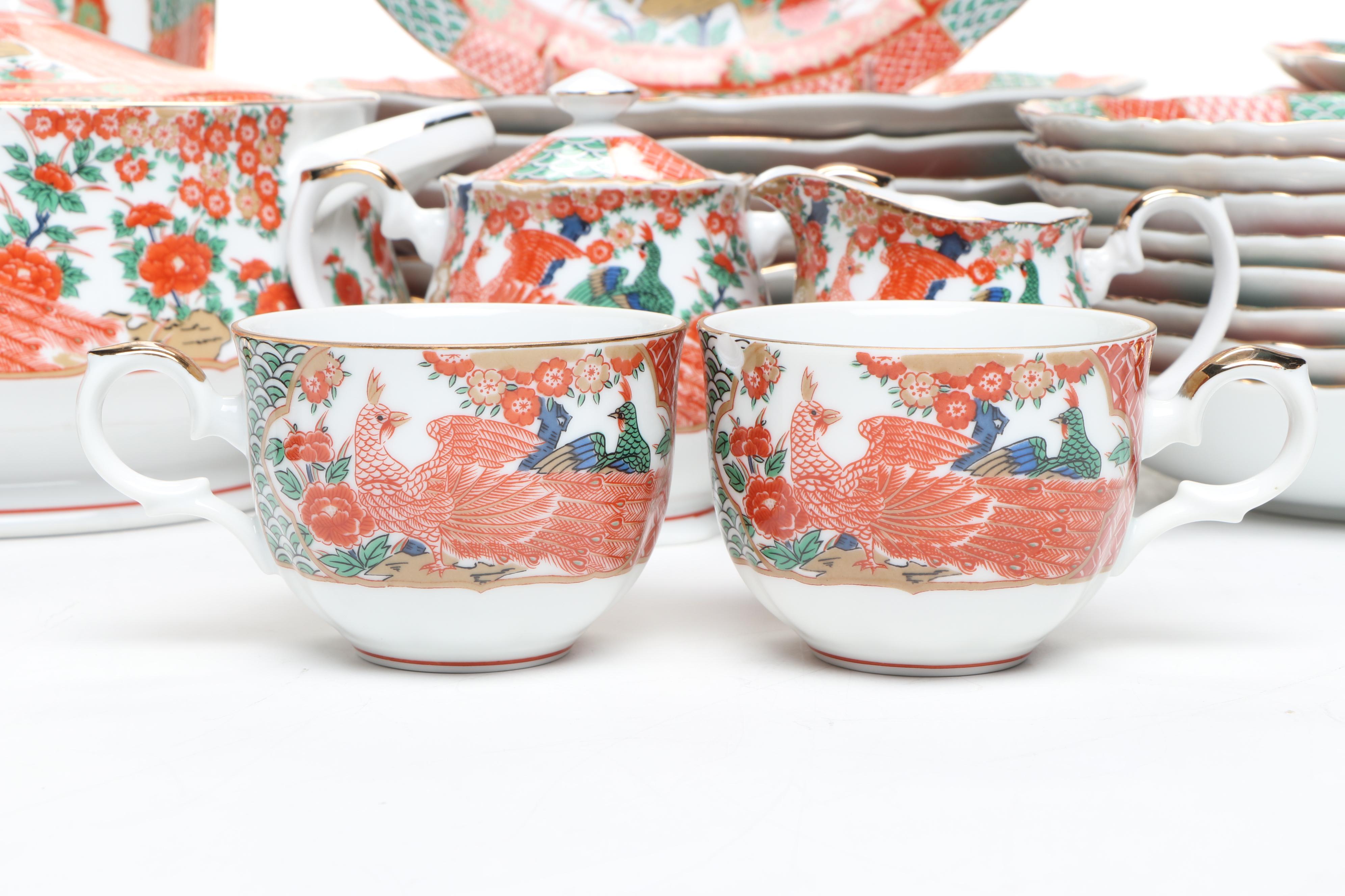 Japanese Porcelain Arita Peacock Pattern Dinnerware and Serving Pieces