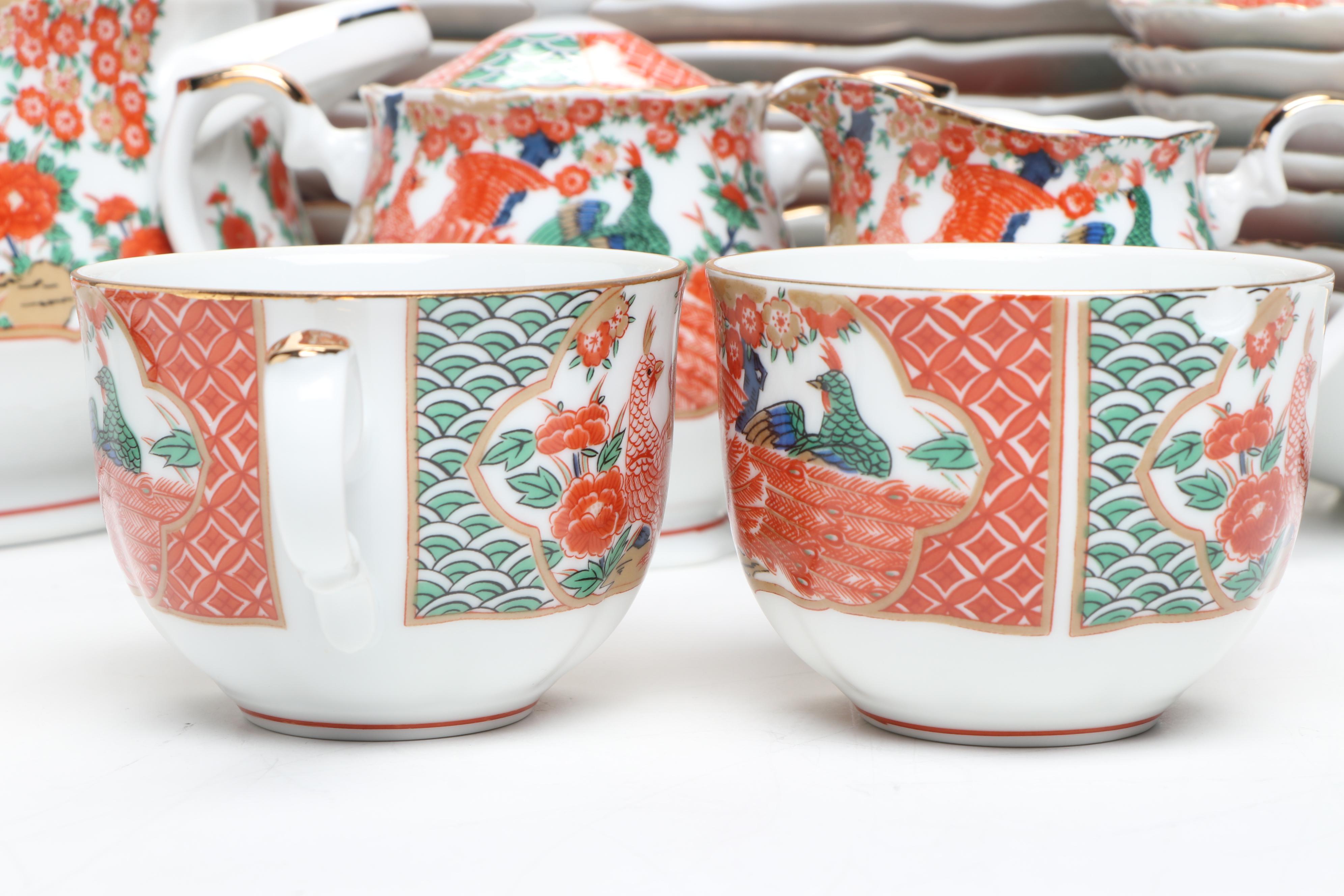 Japanese Porcelain Arita Peacock Pattern Dinnerware and Serving Pieces