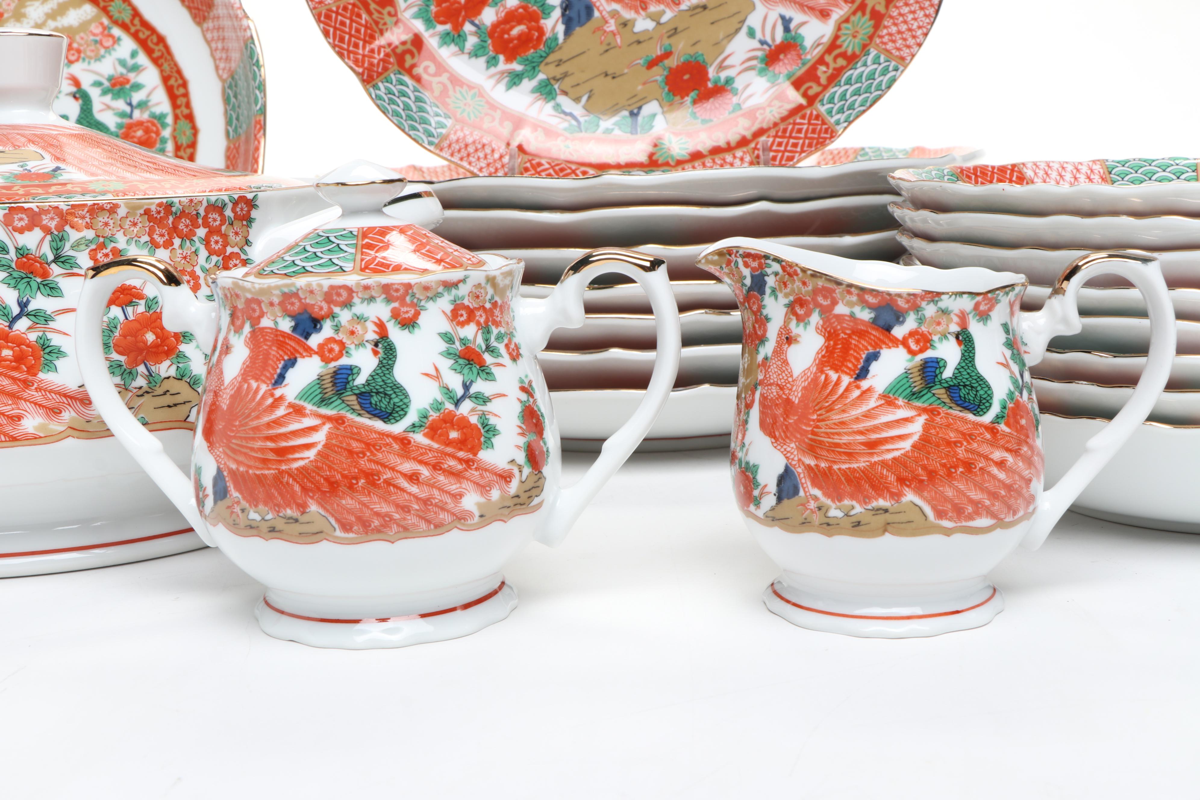Japanese Porcelain Arita Peacock Pattern Dinnerware and Serving Pieces