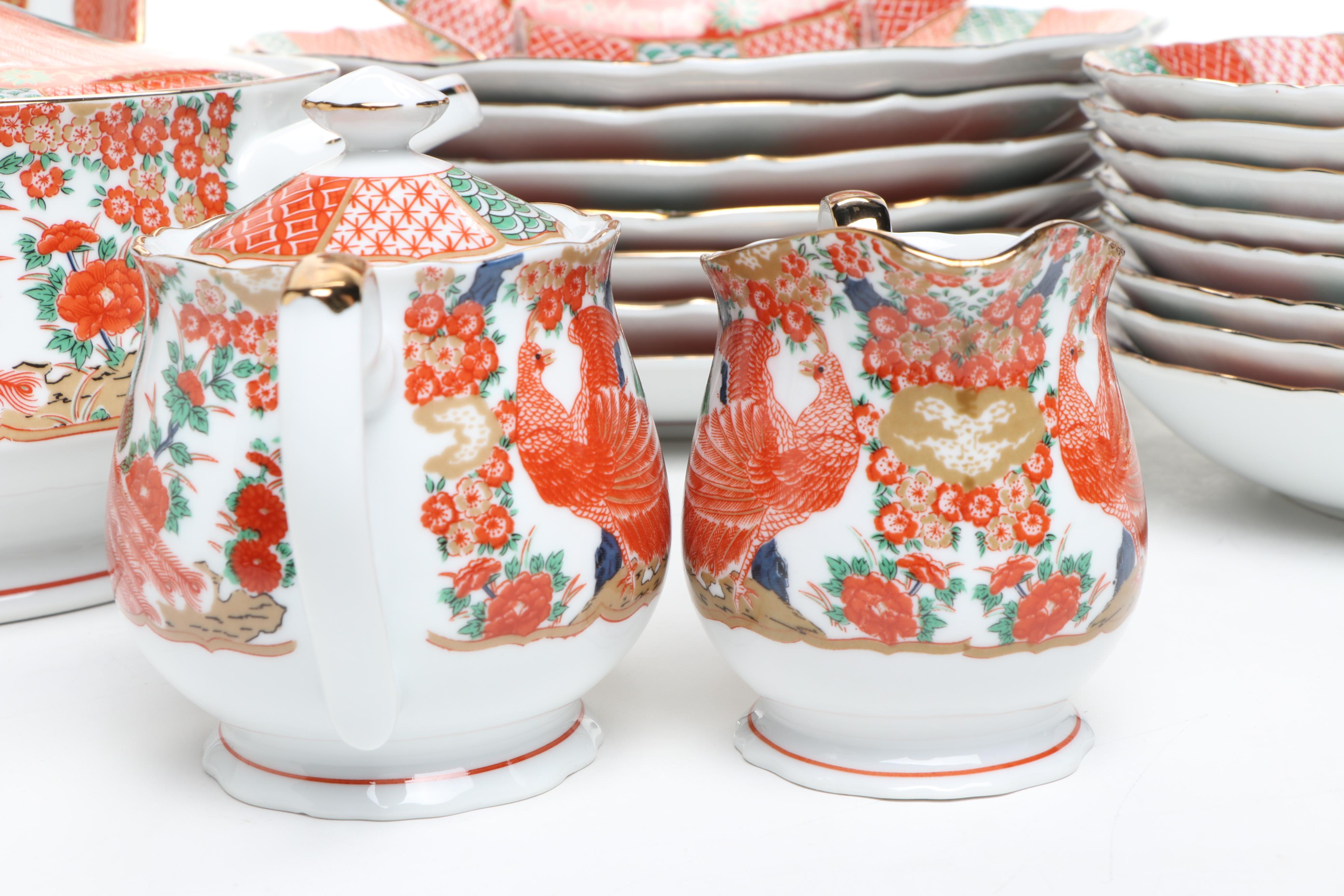 Japanese Porcelain Arita Peacock Pattern Dinnerware and Serving Pieces