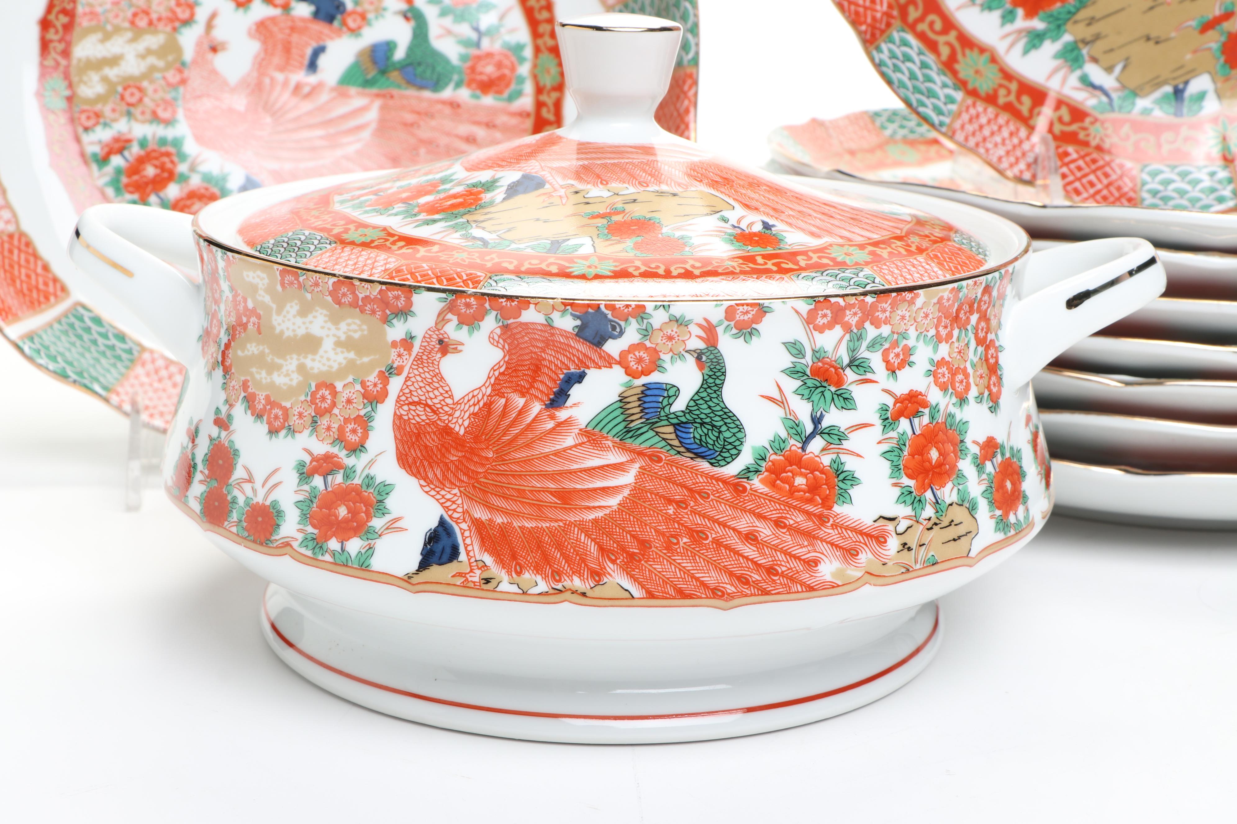 Japanese Porcelain Arita Peacock Pattern Dinnerware and Serving Pieces