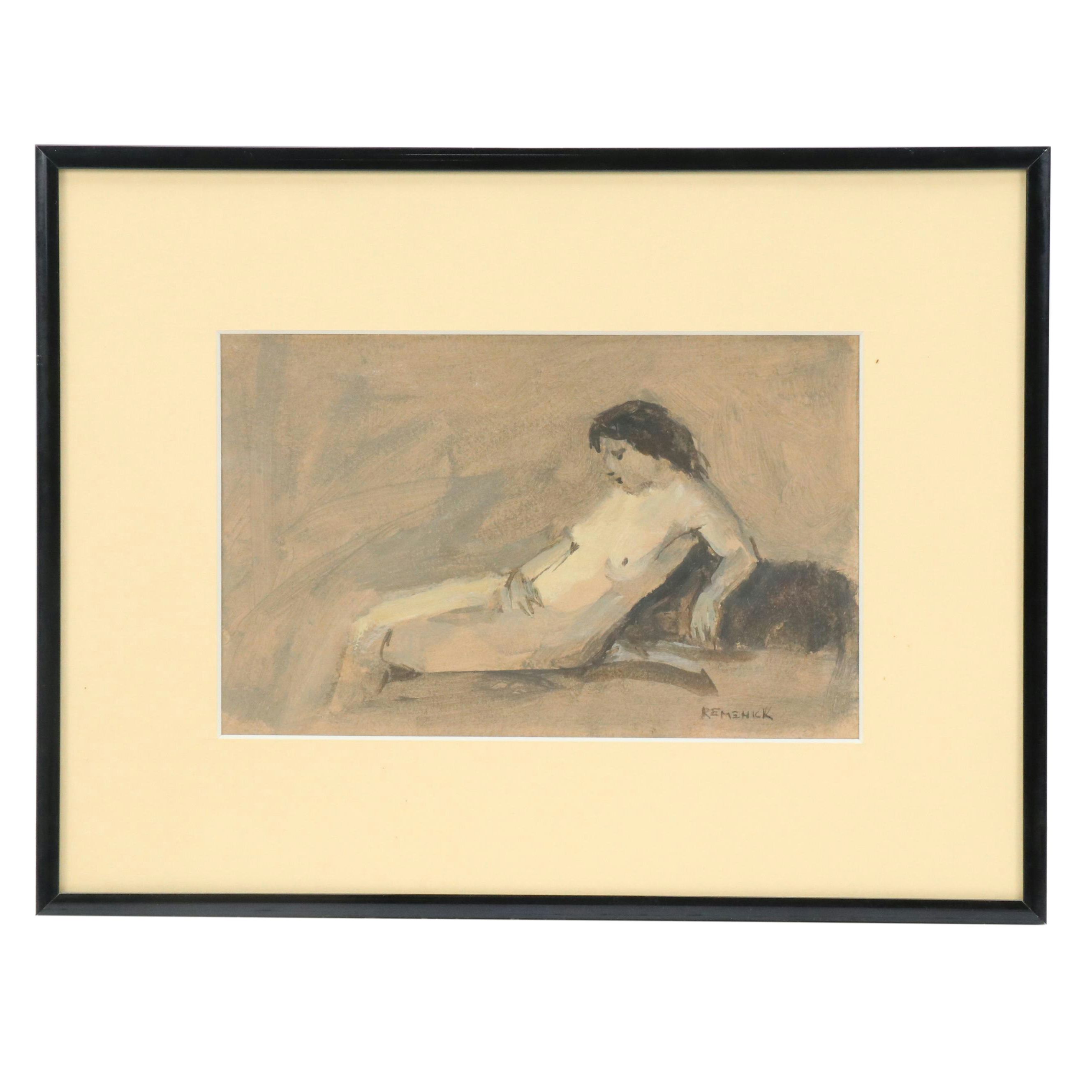 Seymour Remenick Figurative Ink and Gouache Sketch of Reclining Female Nude