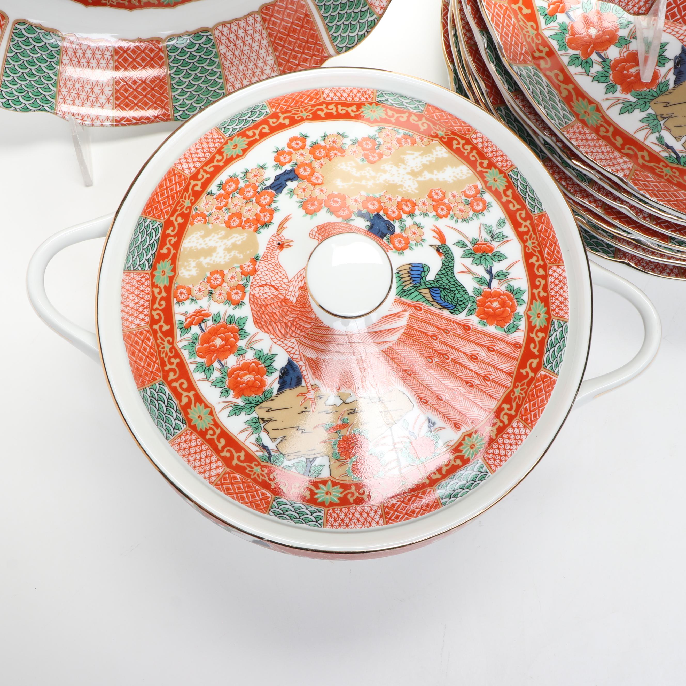 Japanese Porcelain Arita Peacock Pattern Dinnerware and Serving Pieces