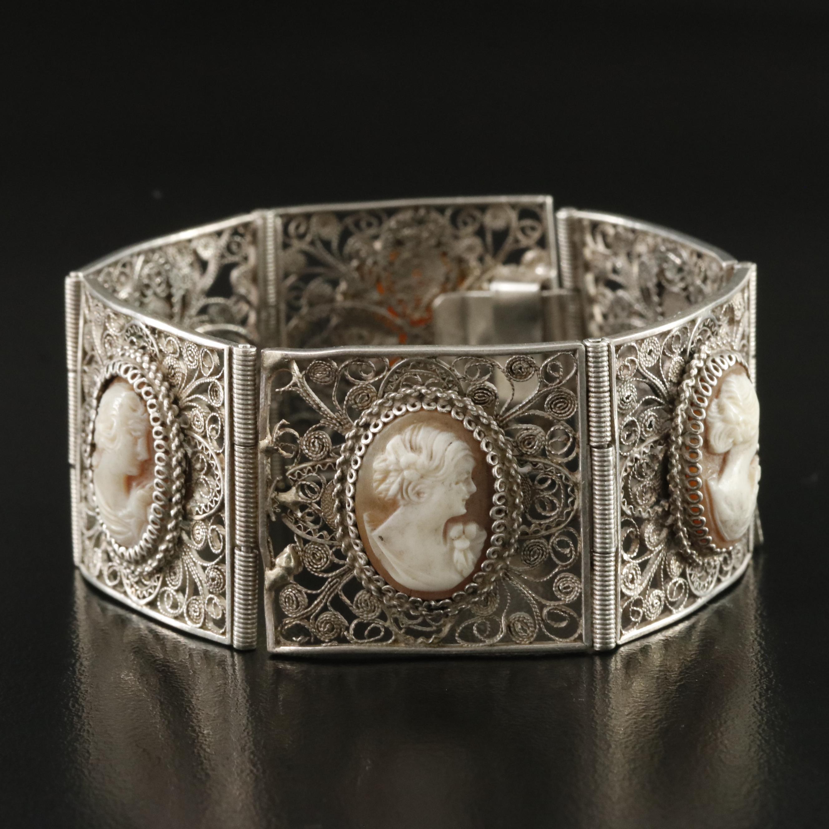 800 Silver Shell Cameo Filigree Bracelet