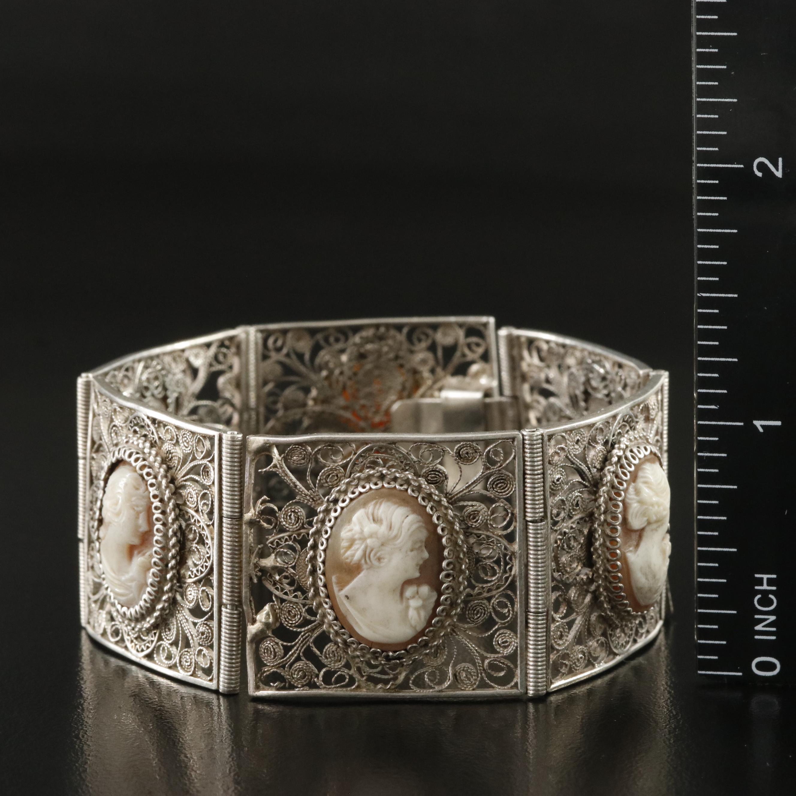 800 Silver Shell Cameo Filigree Bracelet