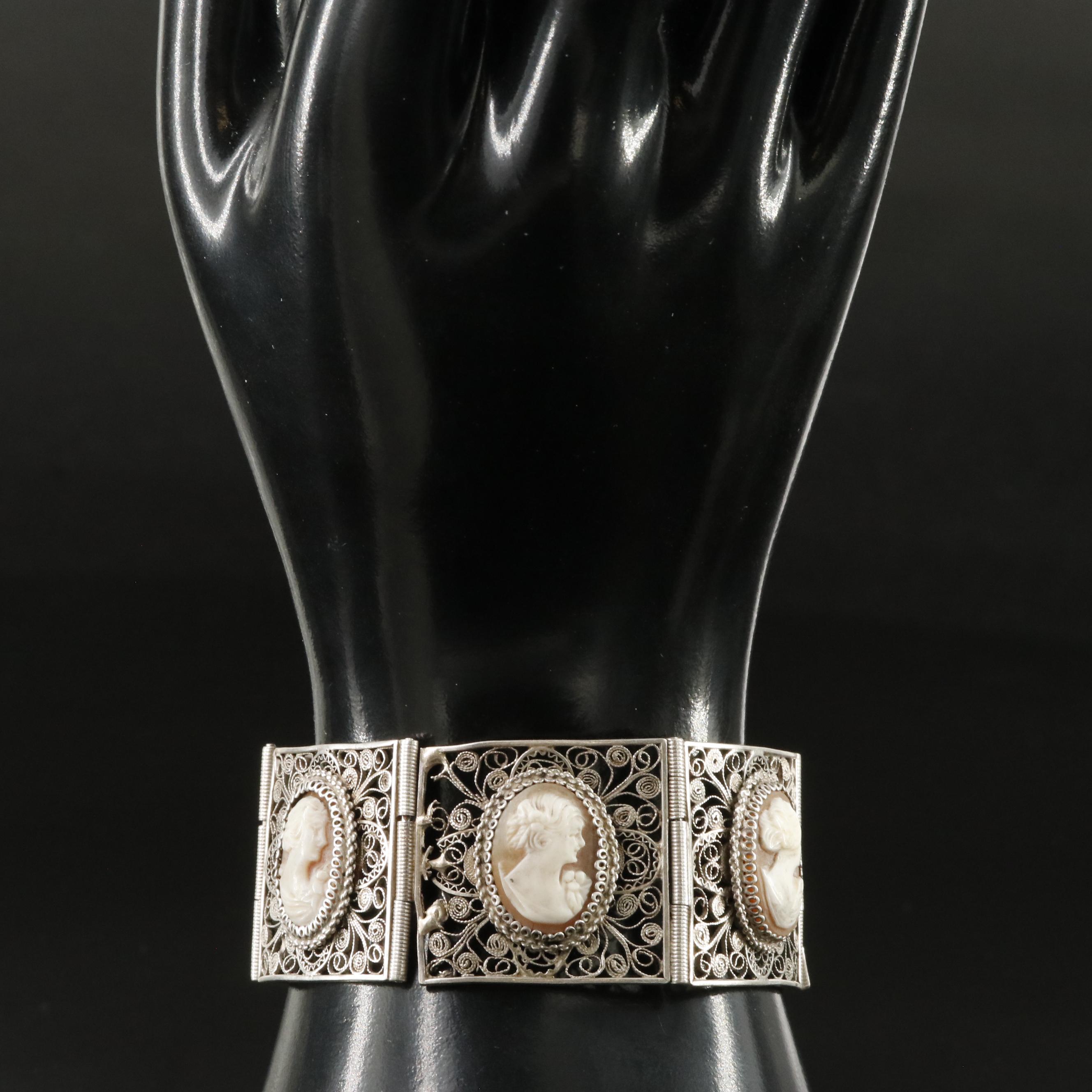 800 Silver Shell Cameo Filigree Bracelet