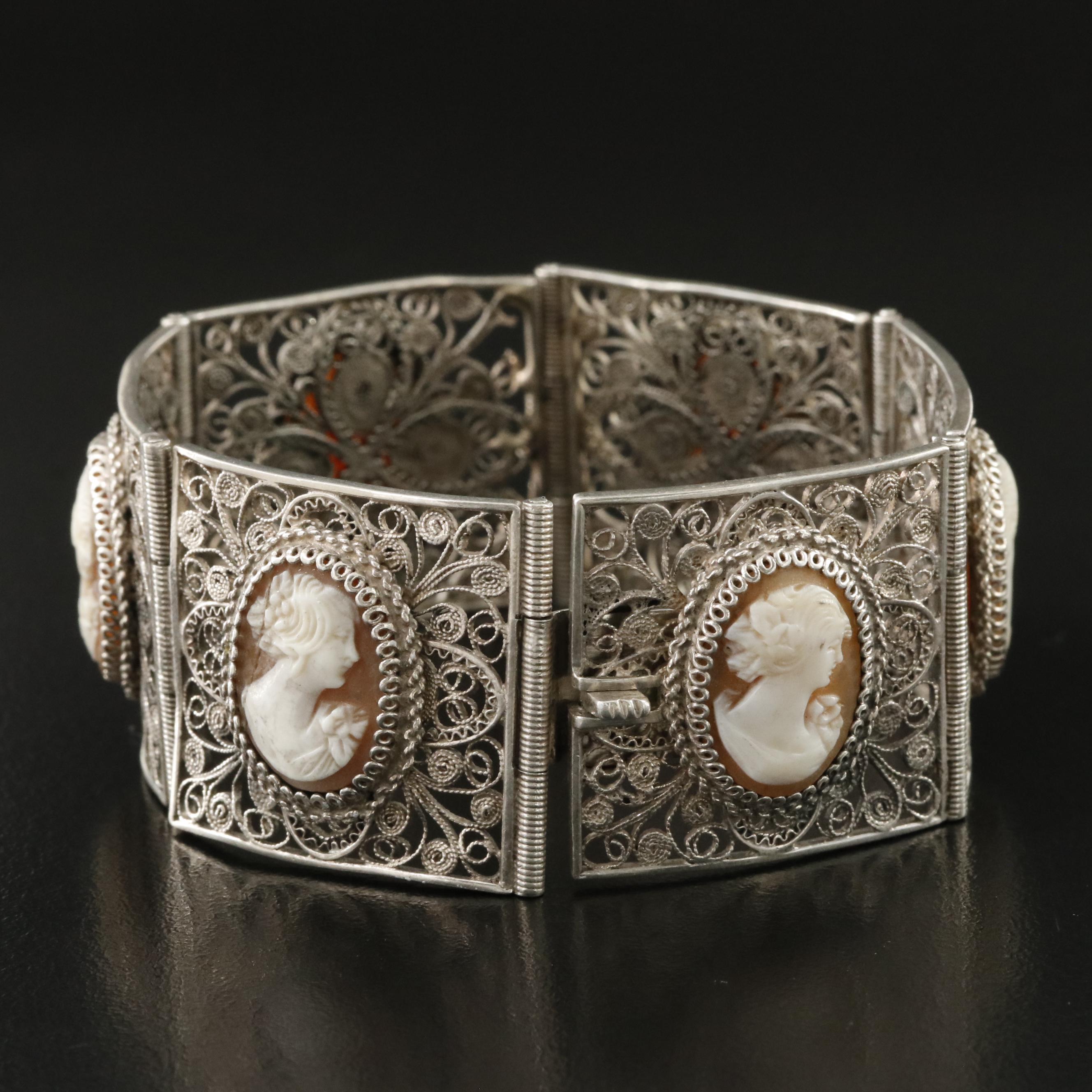 800 Silver Shell Cameo Filigree Bracelet