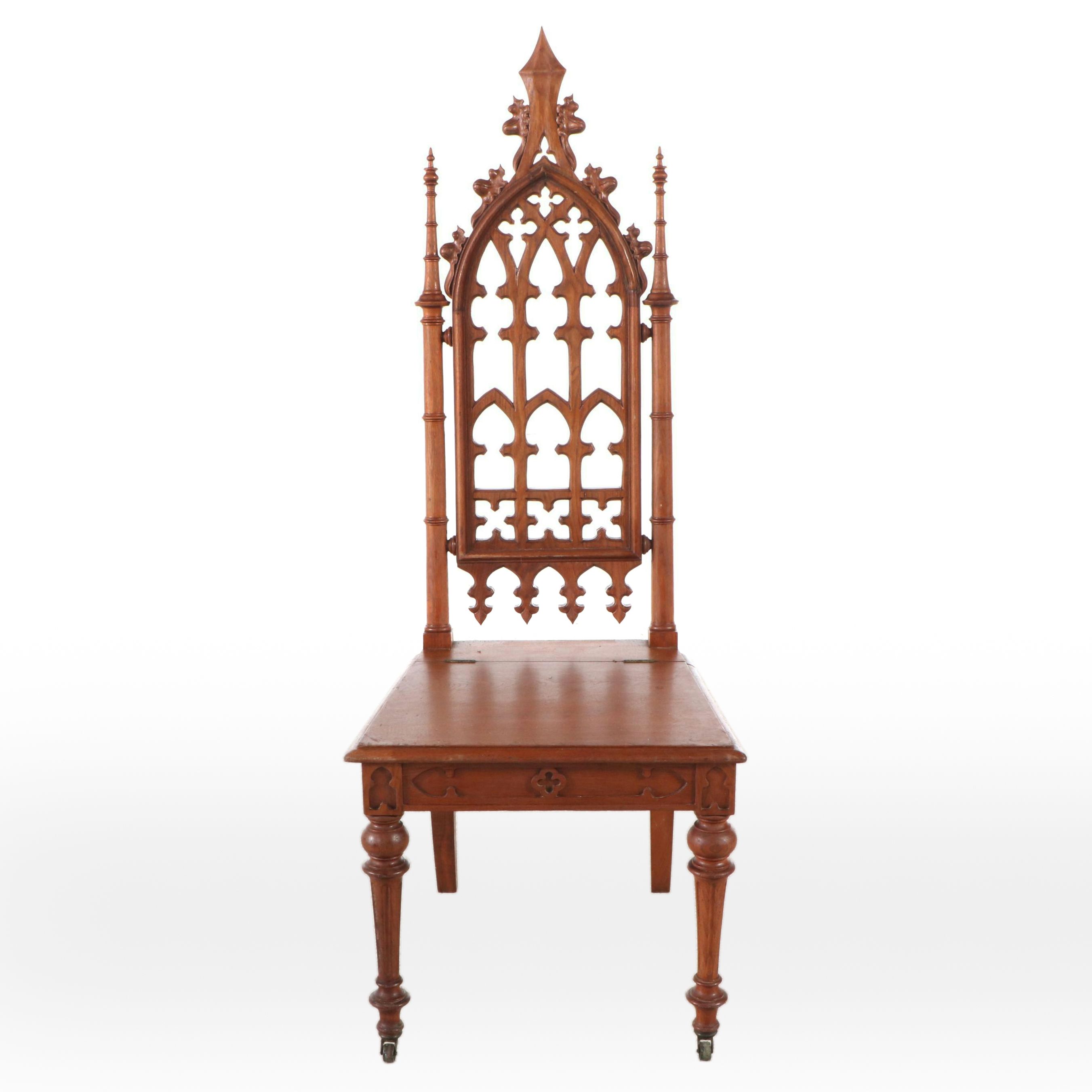 Victorian Gothic Revival Carved Mahogany Hall Chair with Storage