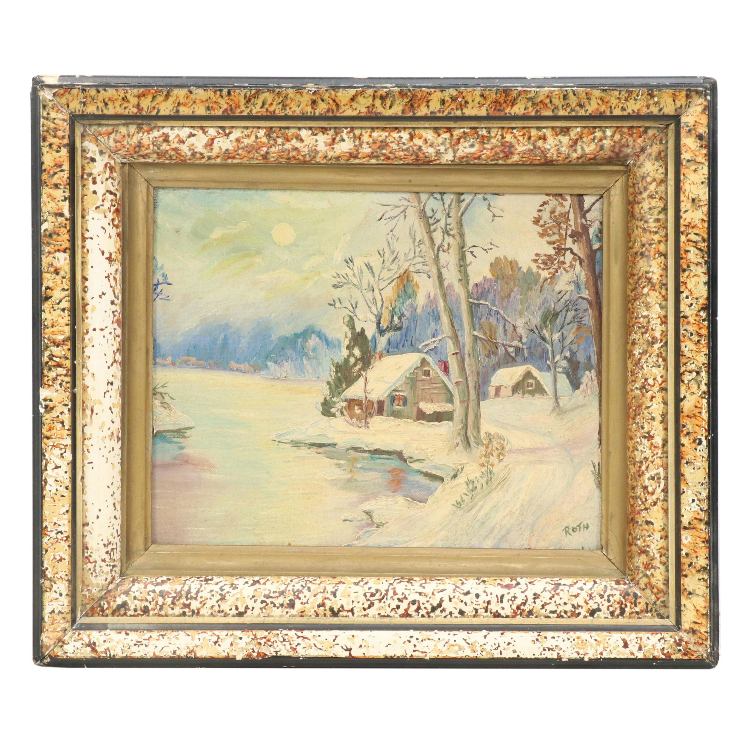 Nocturne Snowy Landscape With Cottages Oil Painting, Circa 1940