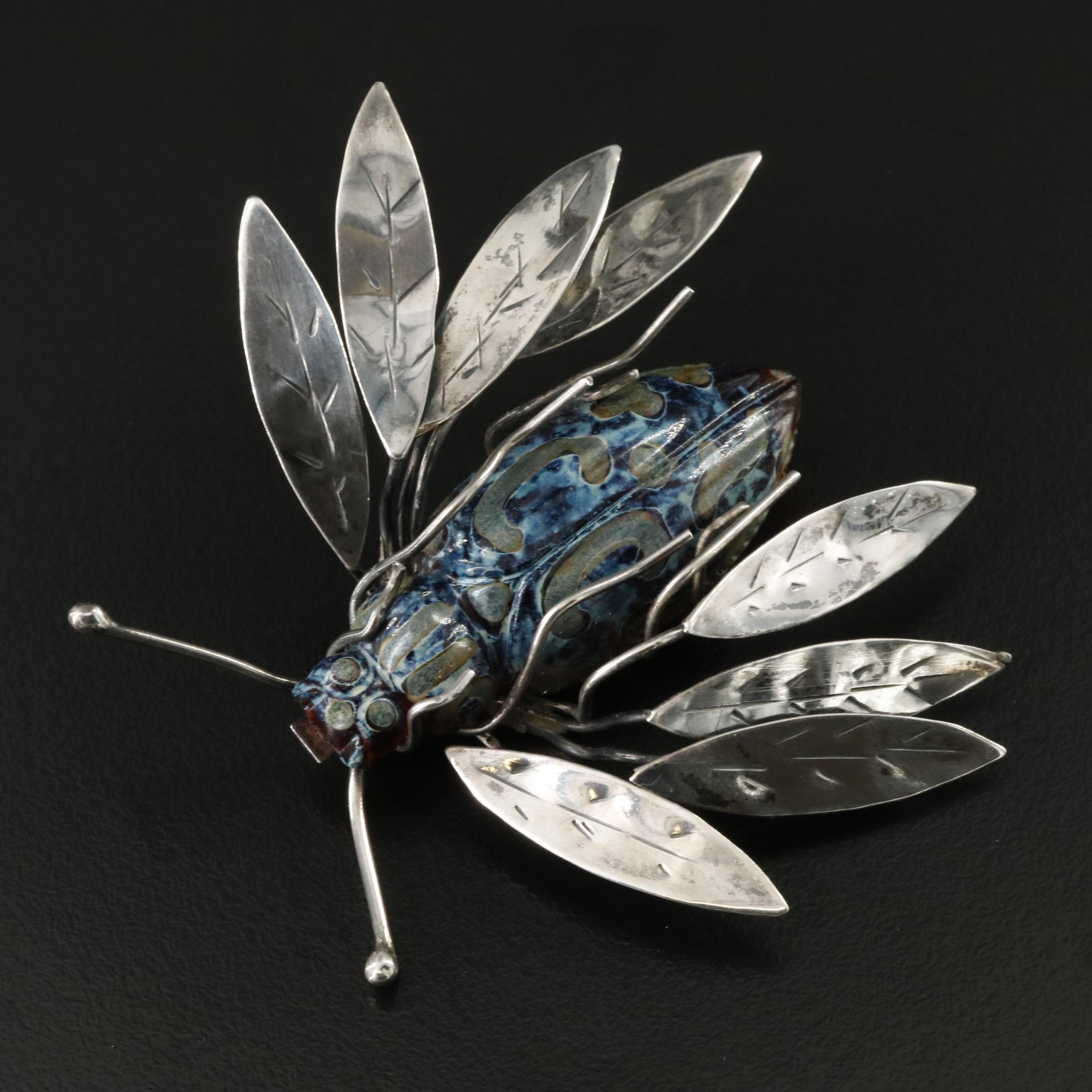 Artisan Sterling and Art Glass Beetle Brooch