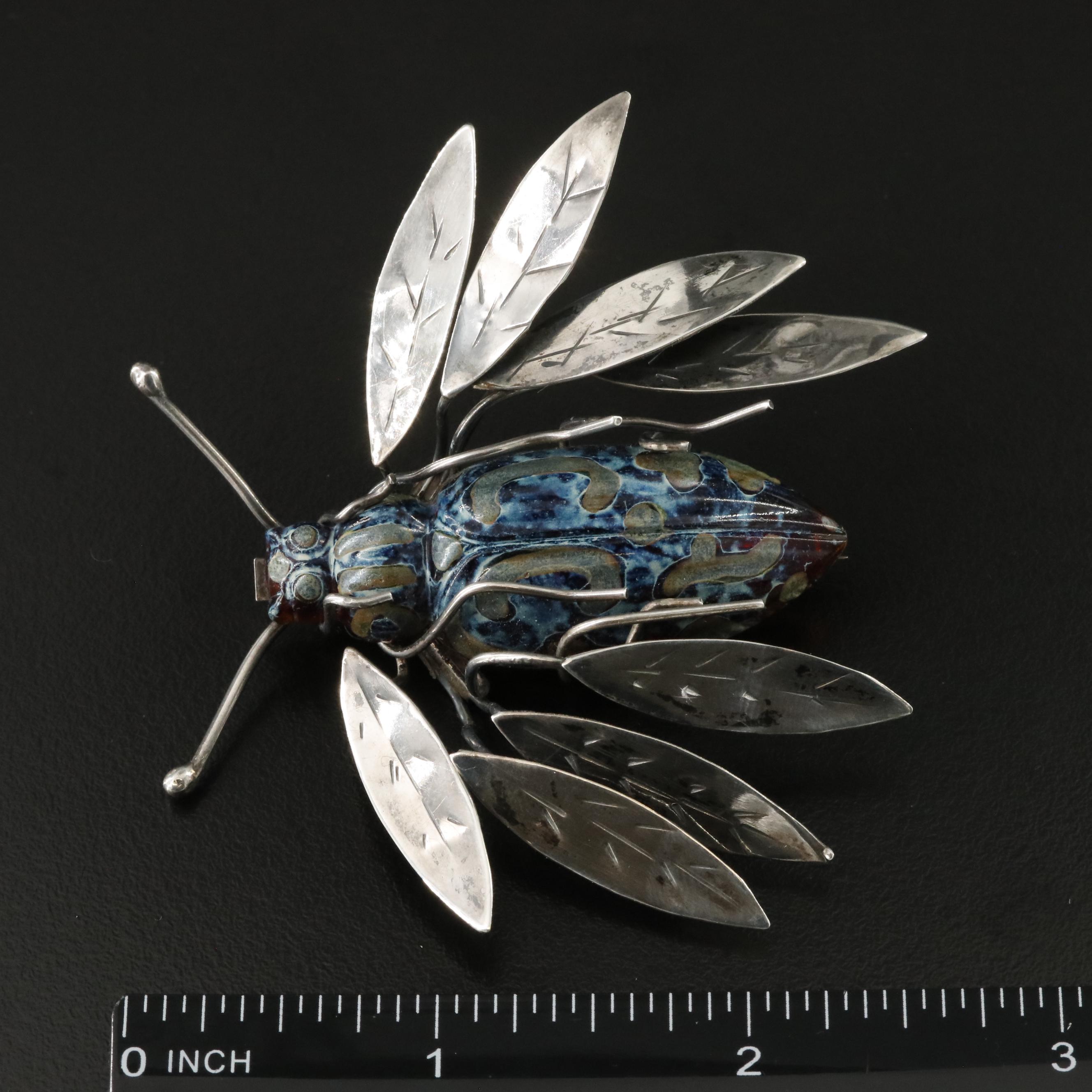 Artisan Sterling and Art Glass Beetle Brooch