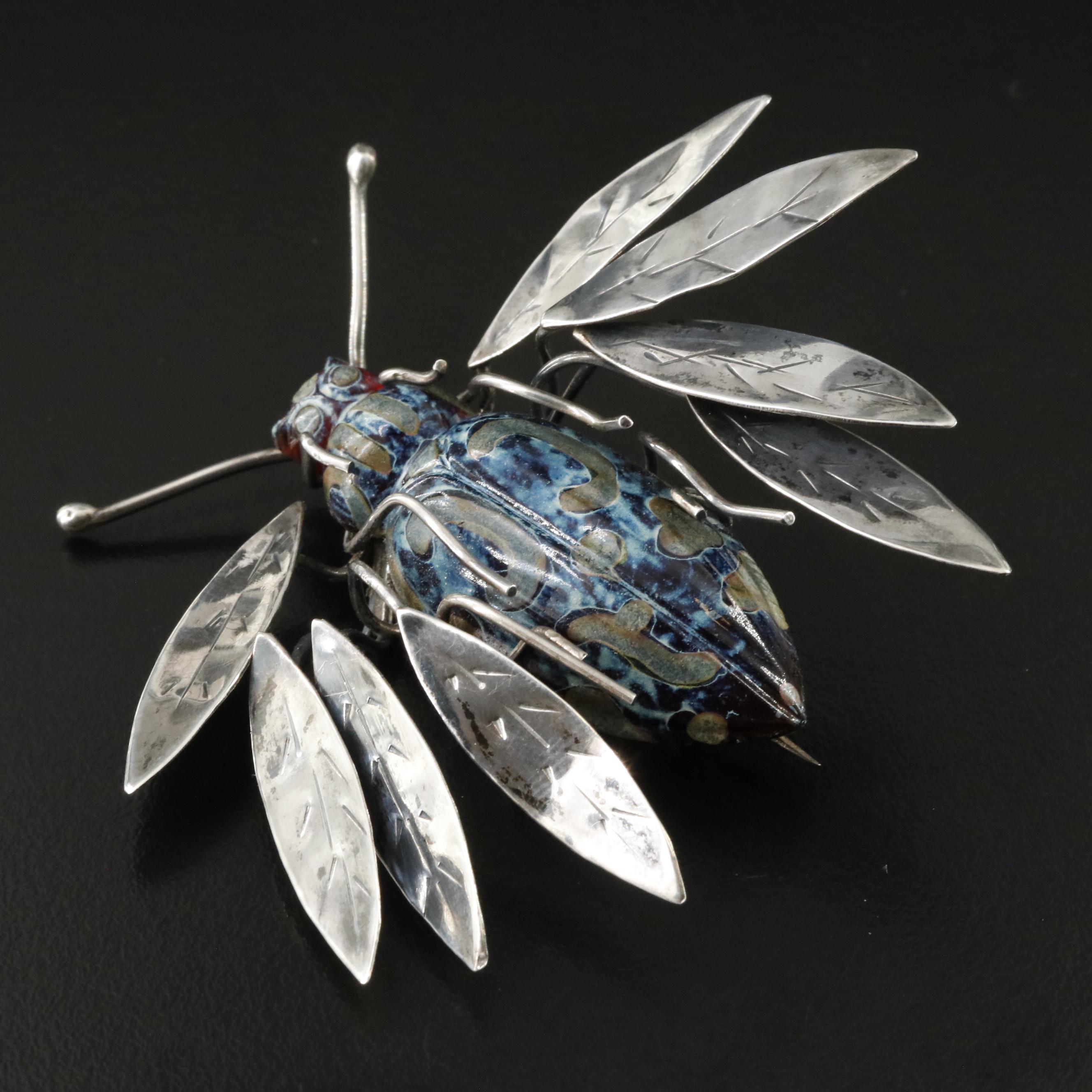 Artisan Sterling and Art Glass Beetle Brooch
