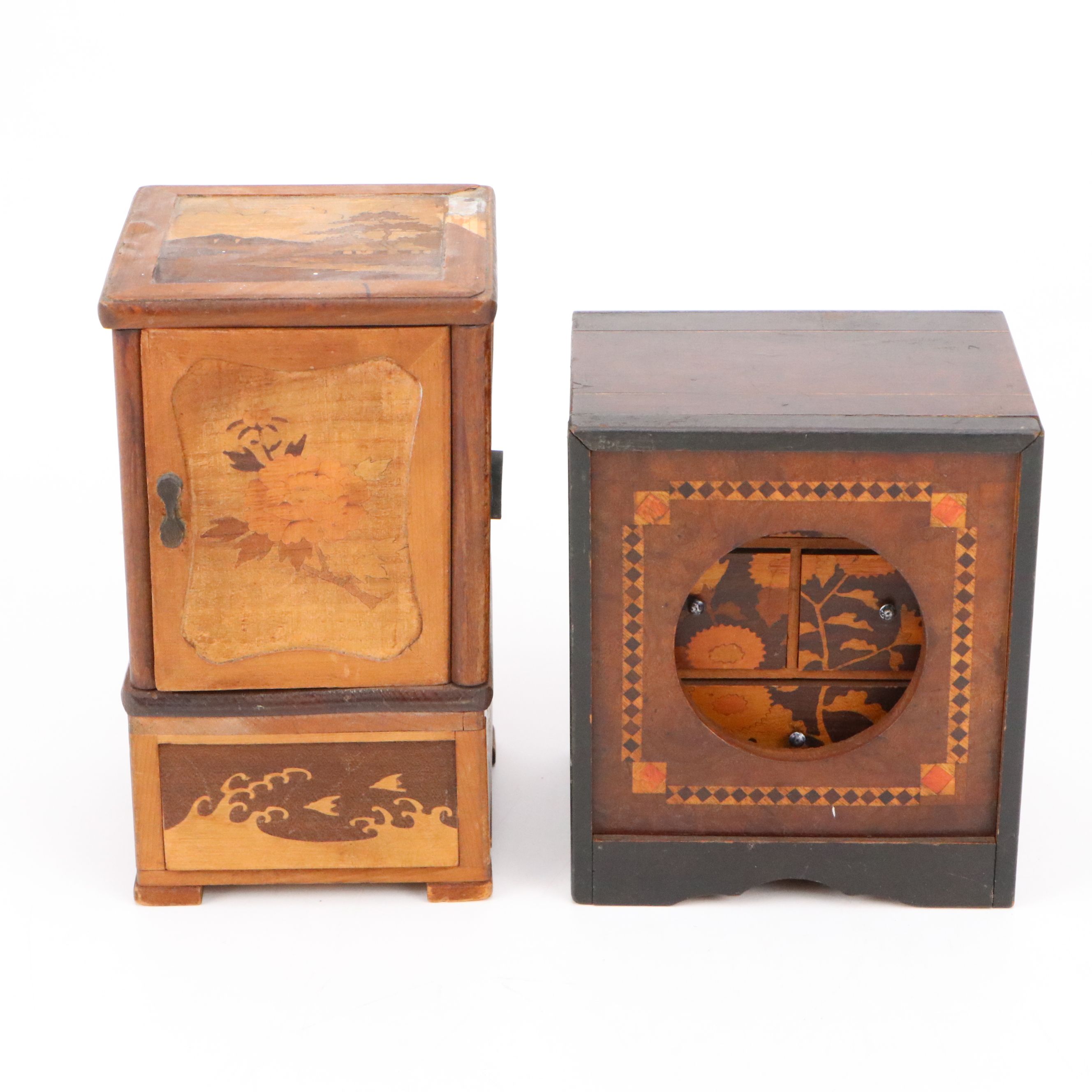 Japanese Cigarette Box with Carved Wooden Miniature Cabinet