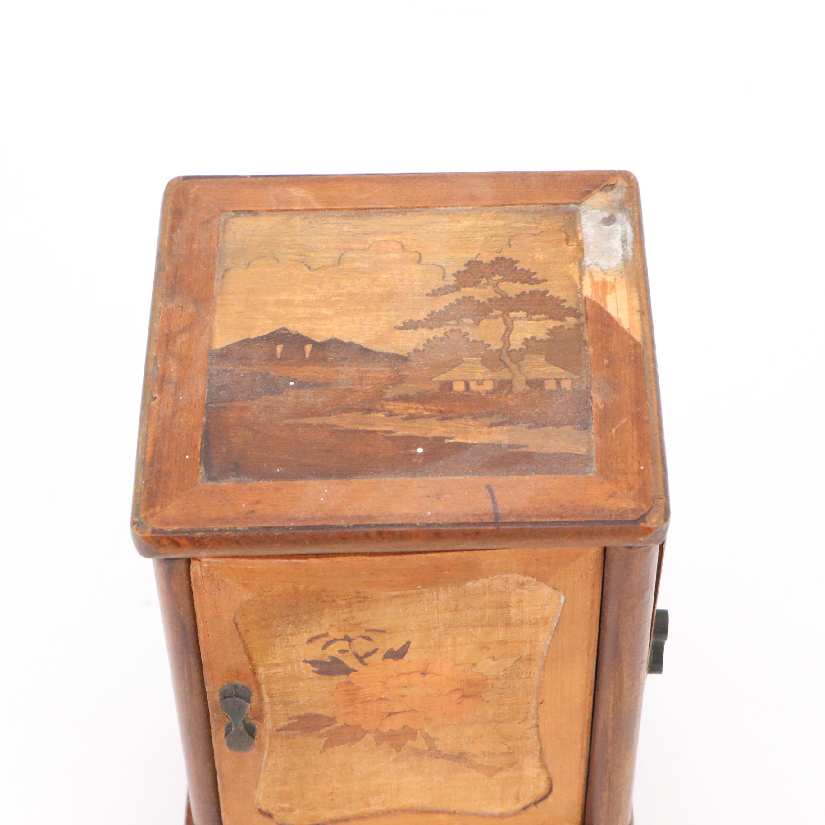 Japanese Cigarette Box with Carved Wooden Miniature Cabinet