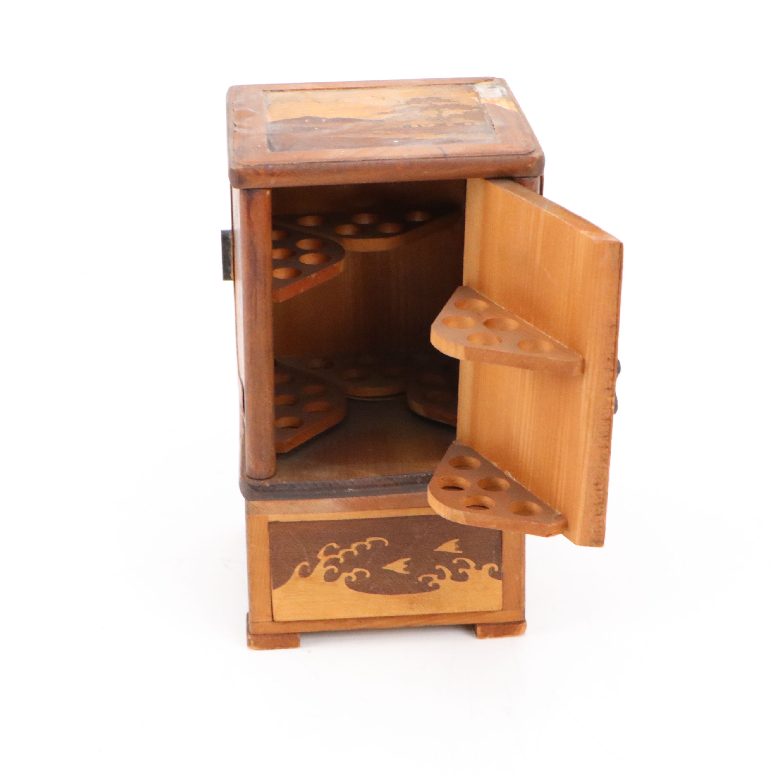 Japanese Cigarette Box with Carved Wooden Miniature Cabinet
