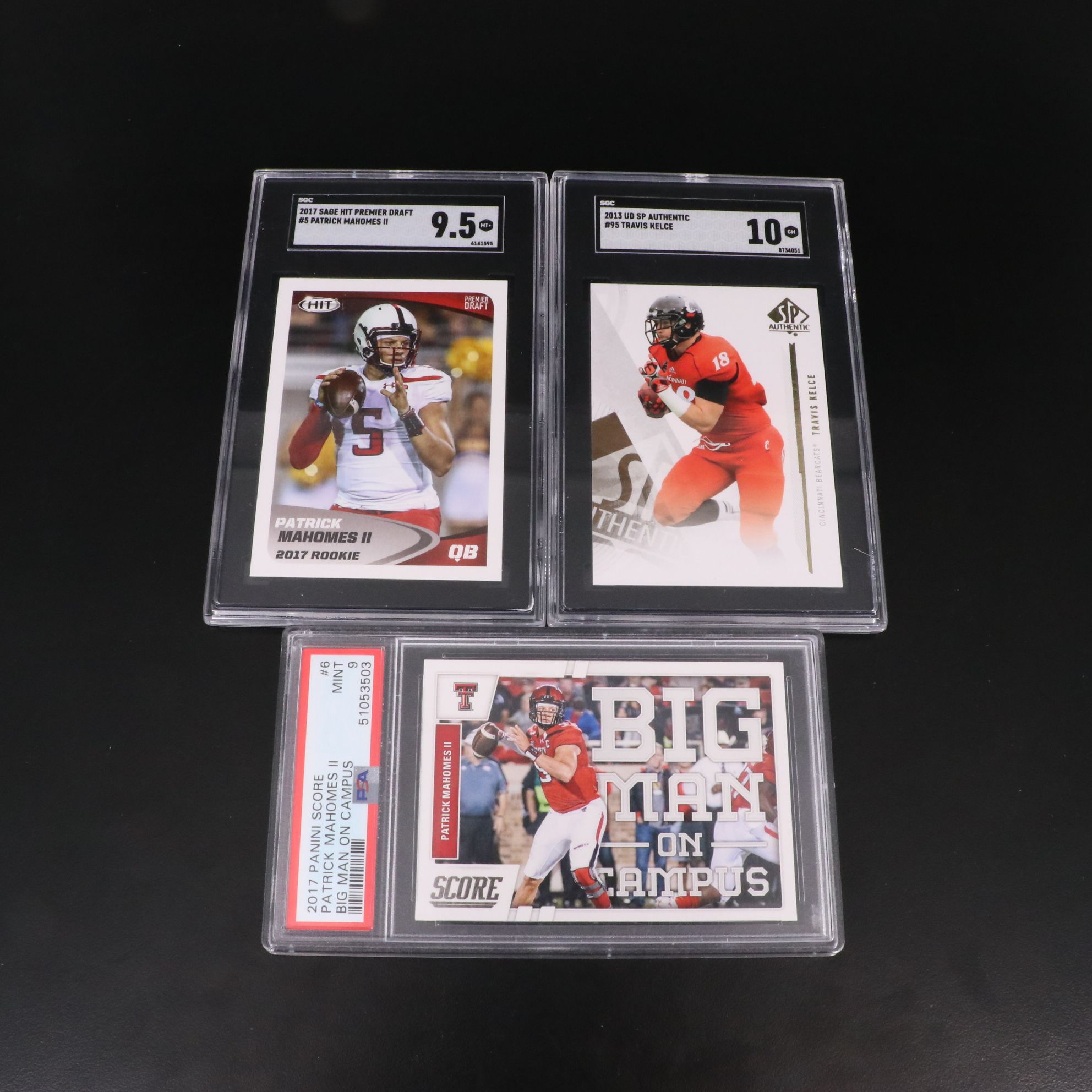Patrick Mahomes and Travis Kelce Graded Rookie Year Football Cards