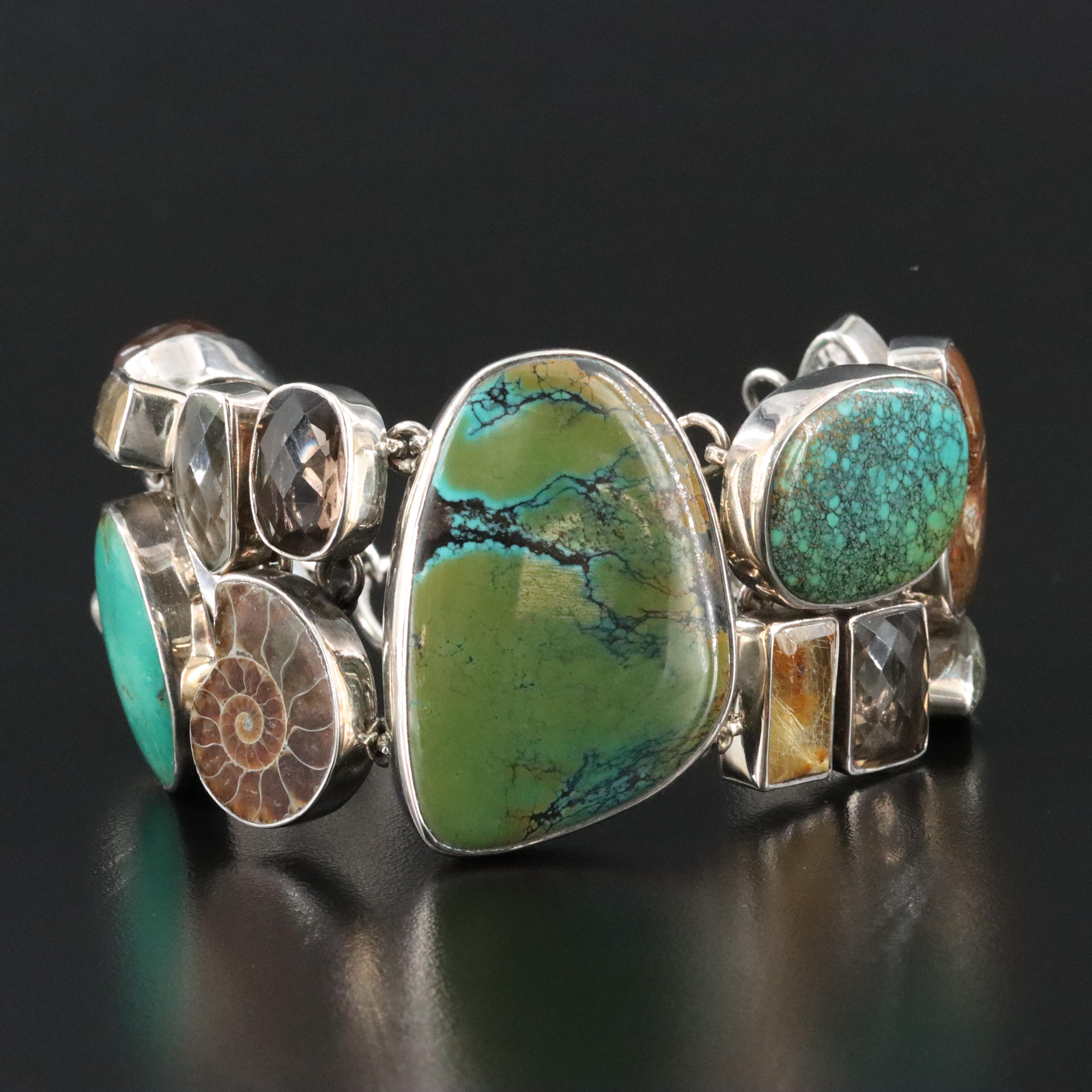 Sterling Ammonite, Fire Agate and Gemstone Bracelet