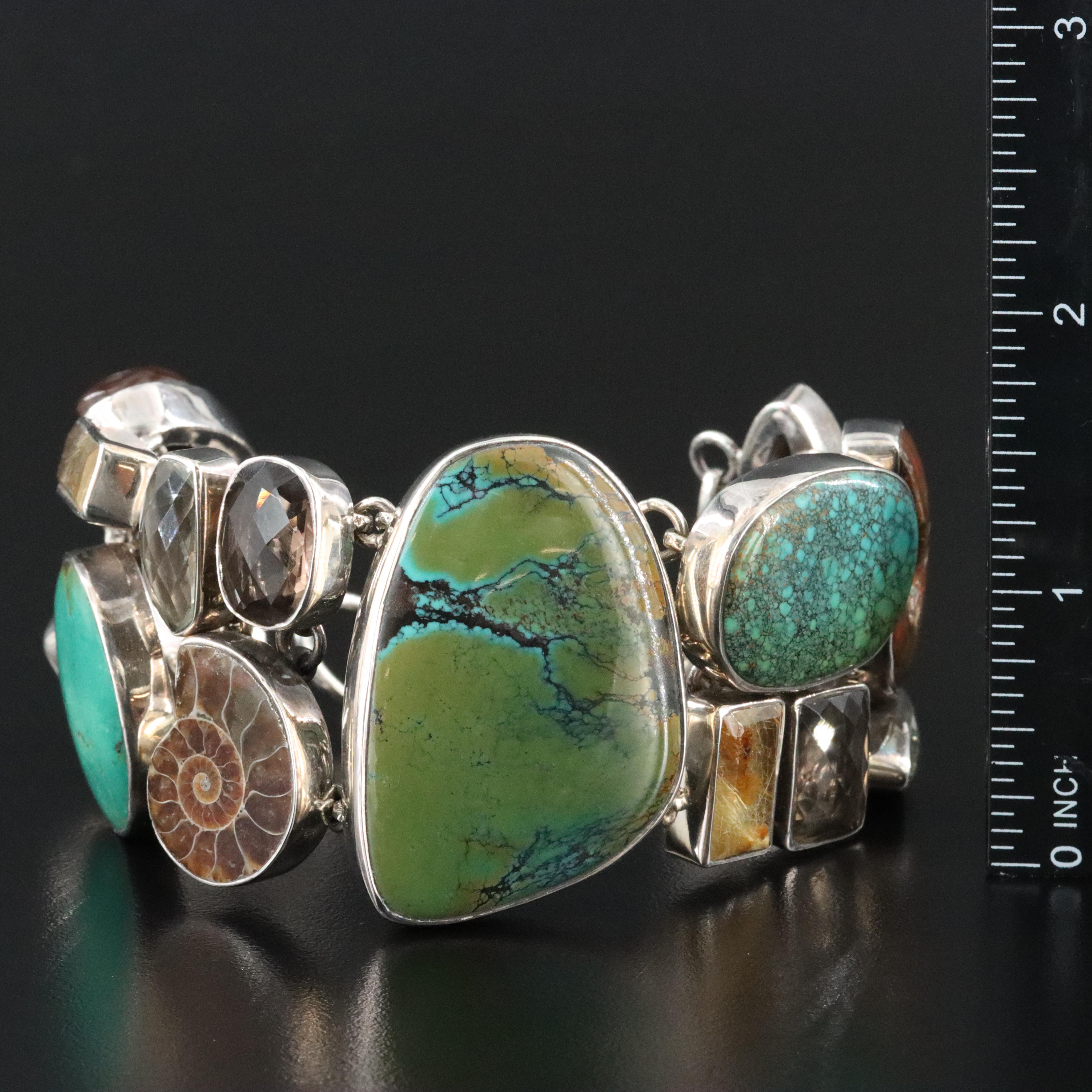 Sterling Ammonite, Fire Agate and Gemstone Bracelet