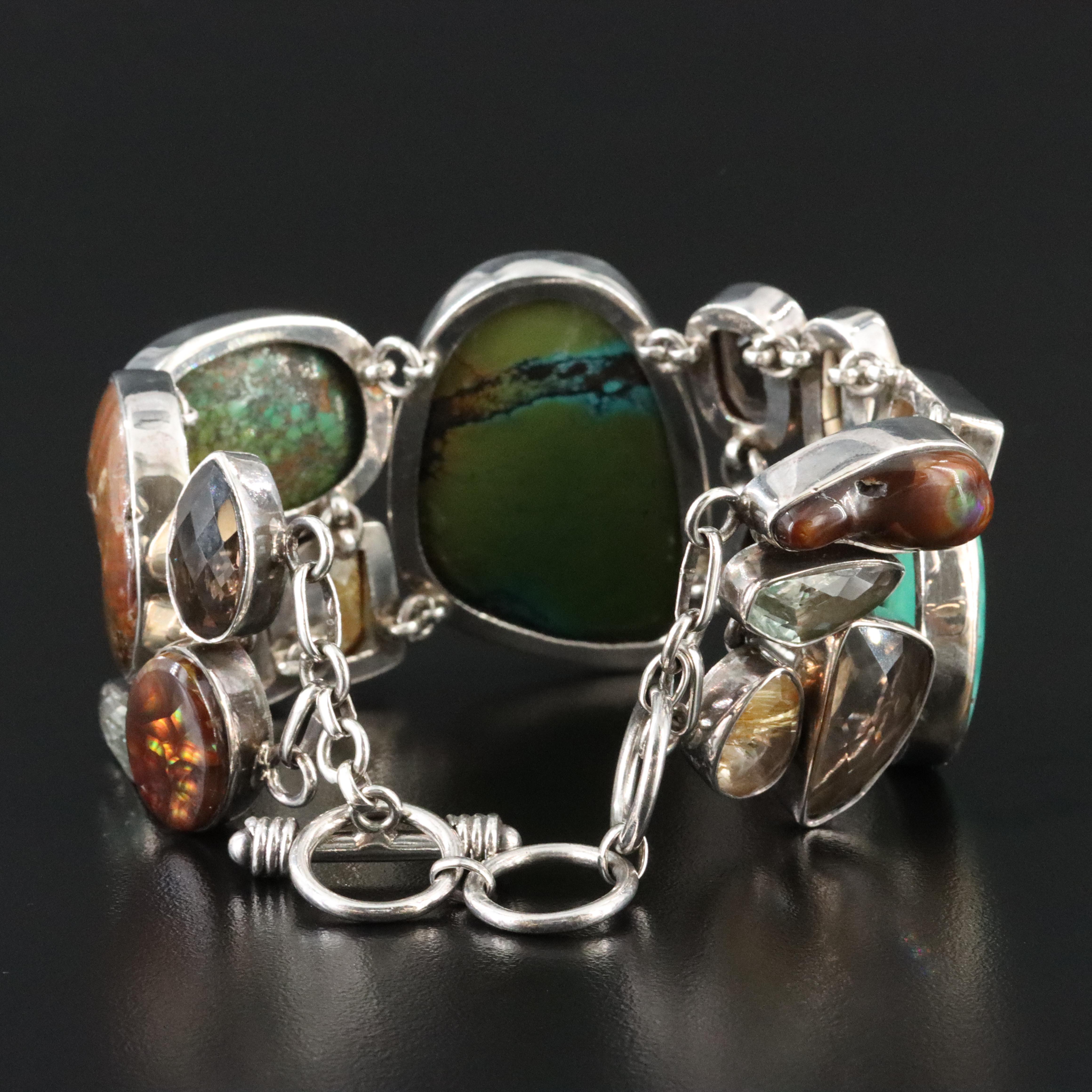 Sterling Ammonite, Fire Agate and Gemstone Bracelet
