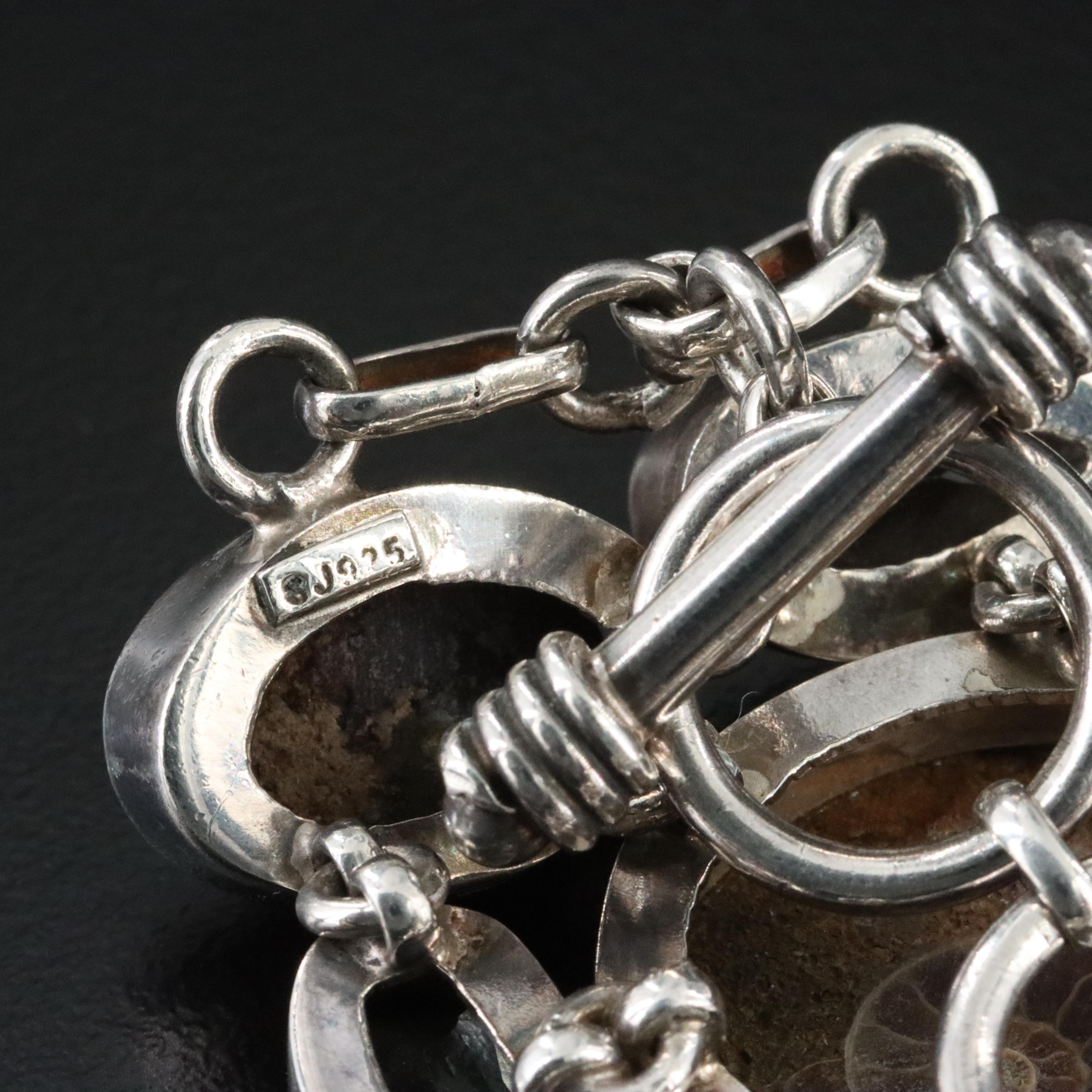 Sterling Ammonite, Fire Agate and Gemstone Bracelet