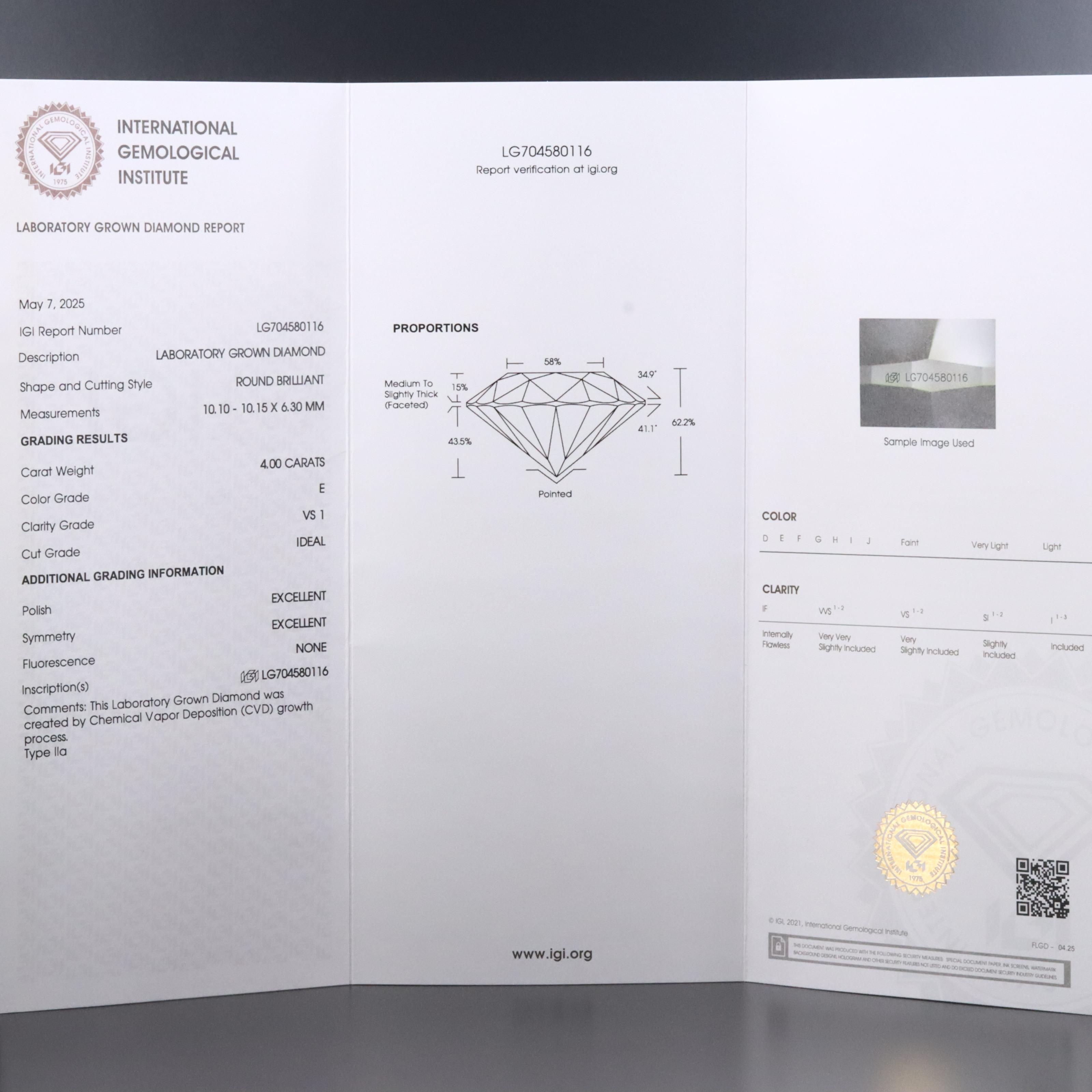Loose 4.00 CT Lab Grown Diamond with IGI Report