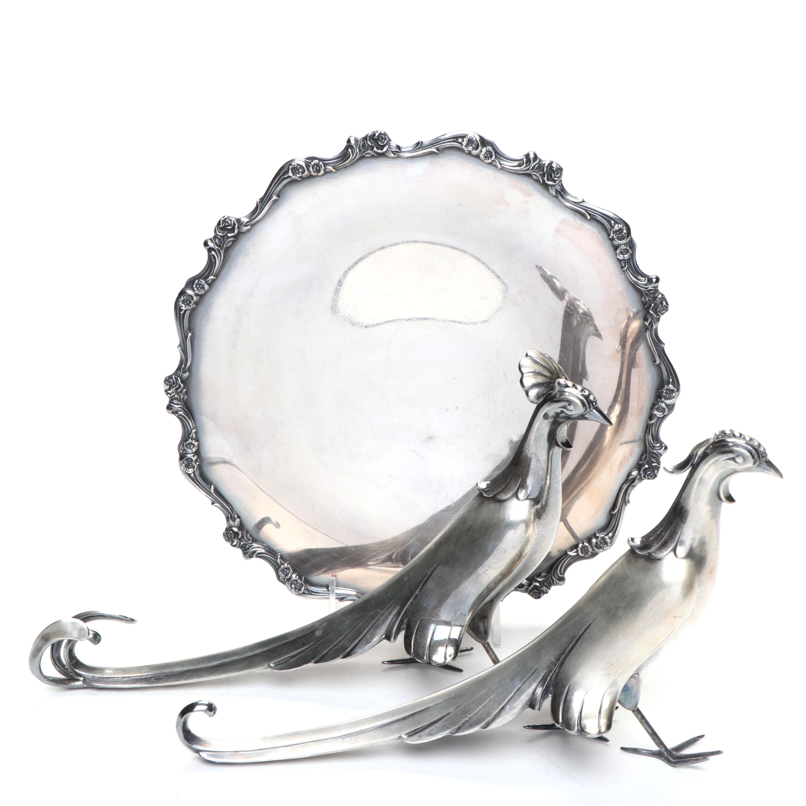 Weidlich Brothers Silver Plate Peacocks with Wilcox Serving Tray