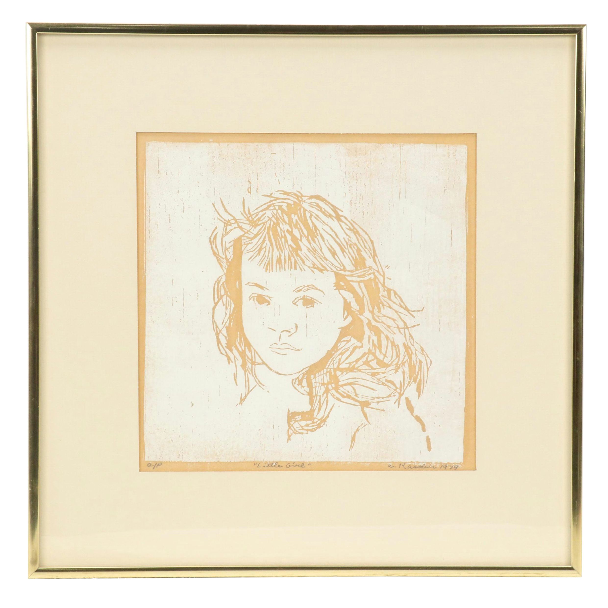 Attributed to Alice Kershaw Kasdin Woodcut Portrait "Little Girl," 1979