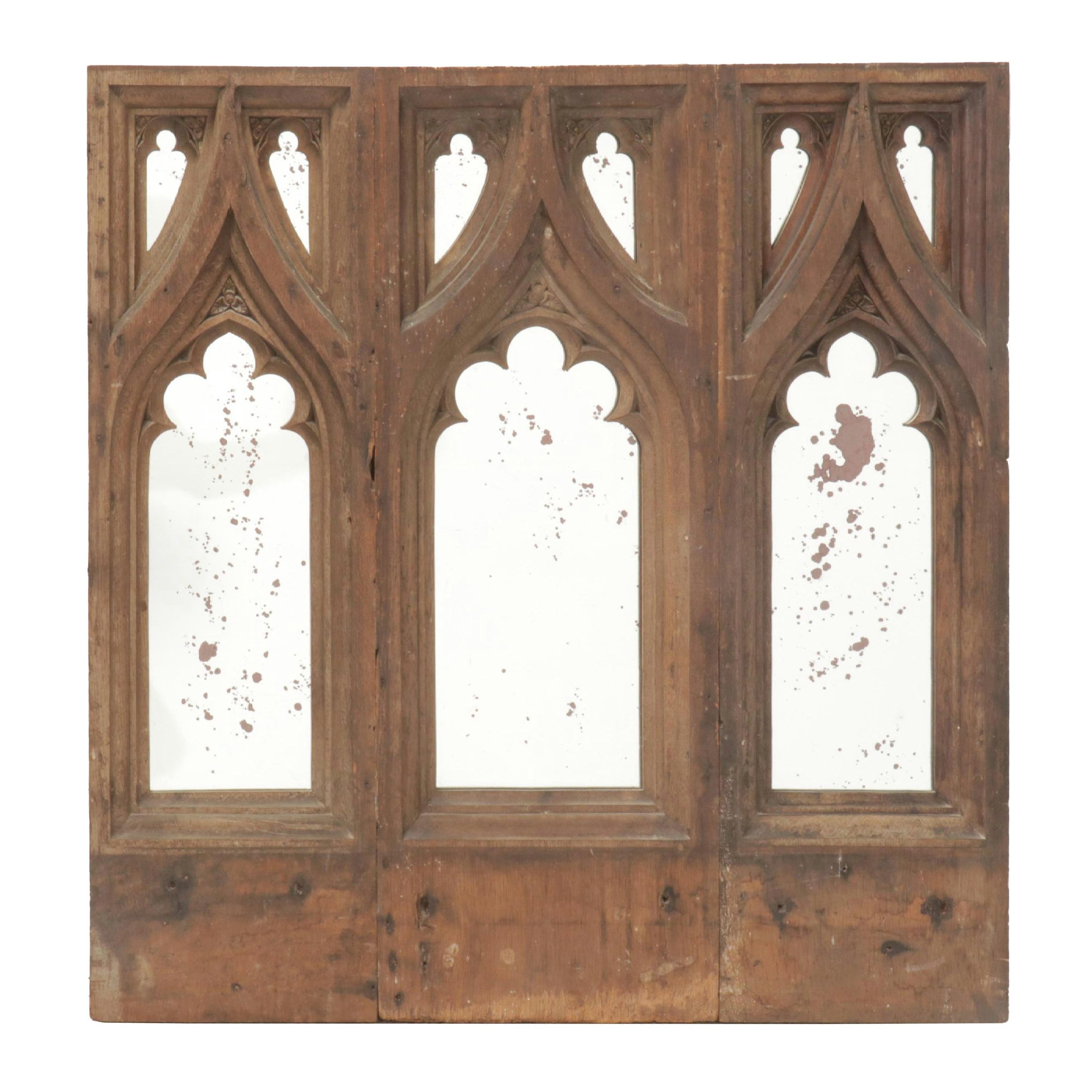 Carved Oak Gothic Arch Salvage Panel Wall Mirror