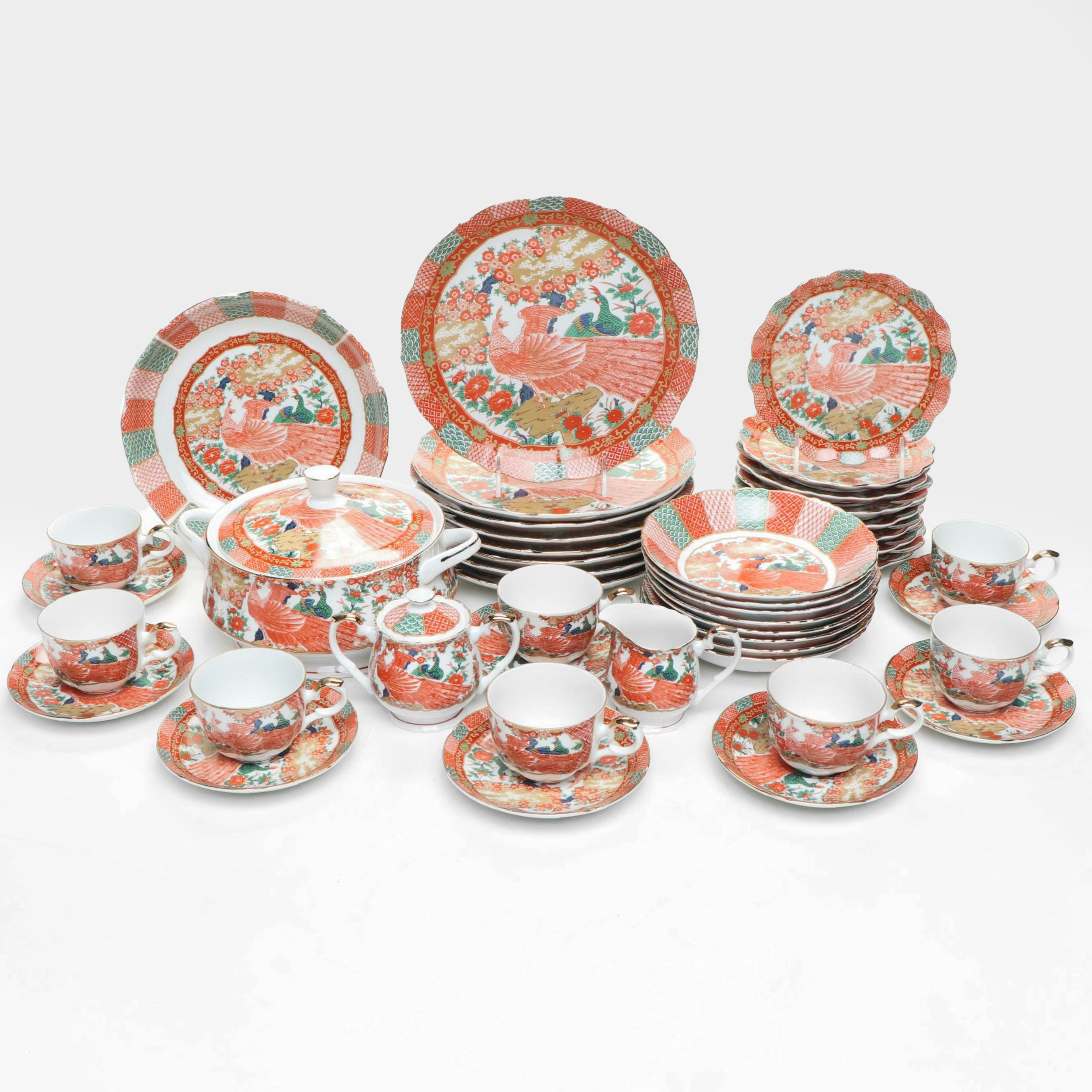 Japanese Porcelain Arita Peacock Pattern Dinnerware and Serving Pieces