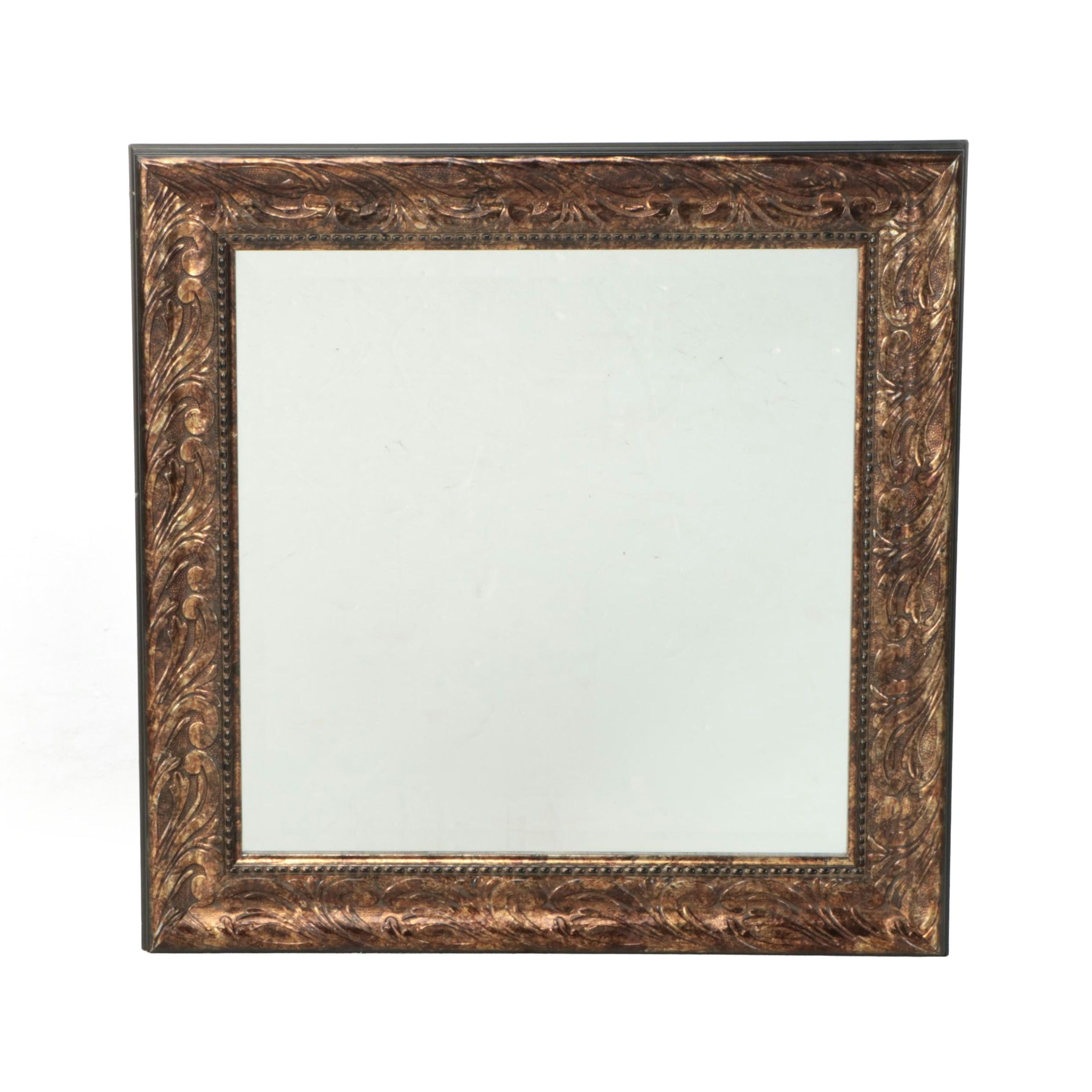 Marbled Bronze and Brown Bas Relief Wide Frame Square Wall Mirror