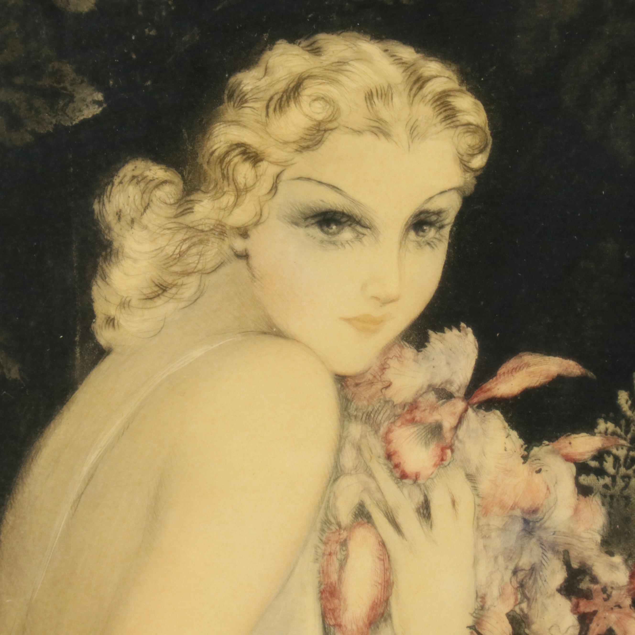 Louis Icart Hand-Colored and Lacquered Etching "Les Orchidées," 1937
