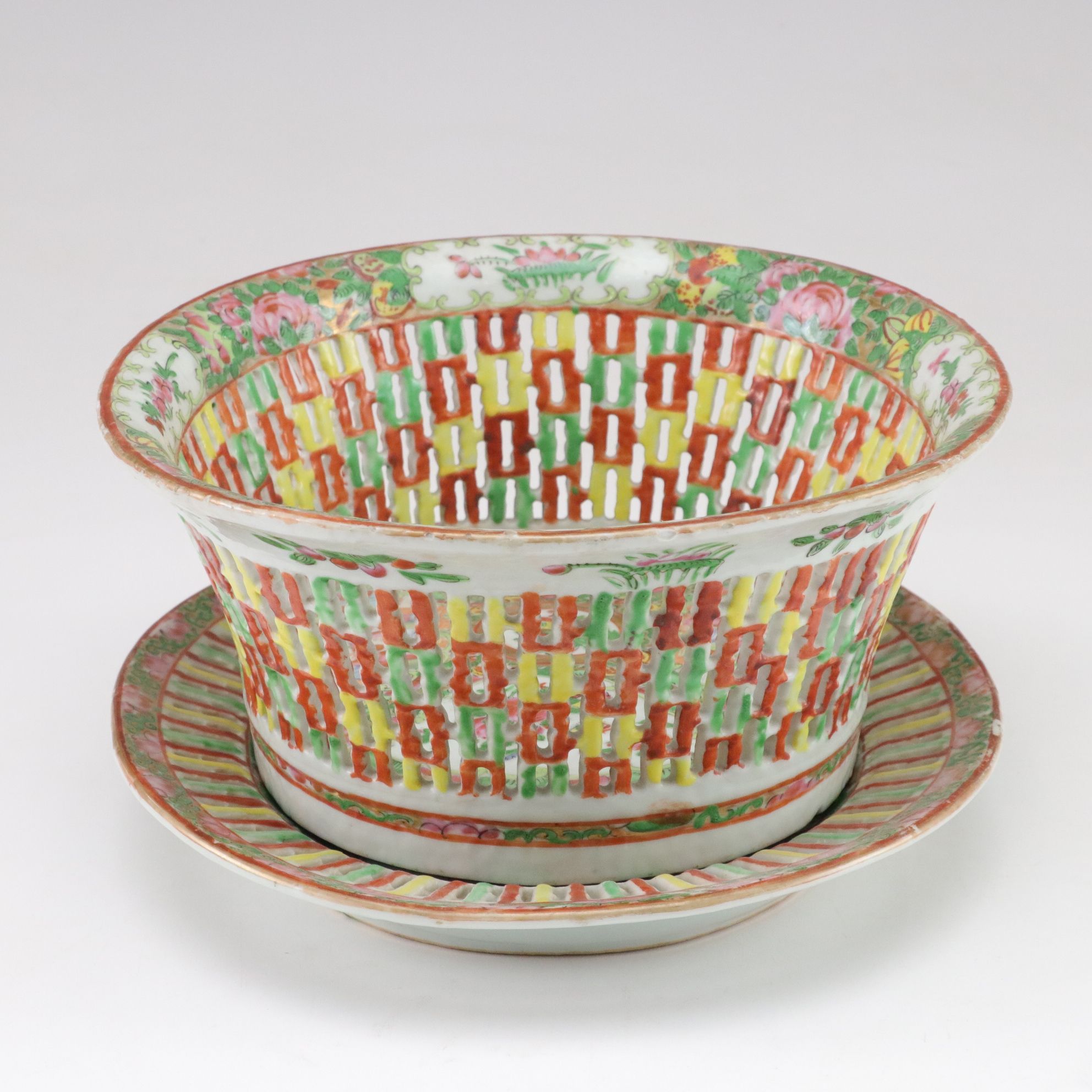 Chinese Rose Medallion Reticulated Porcelain Chestnut Basket with Underplate