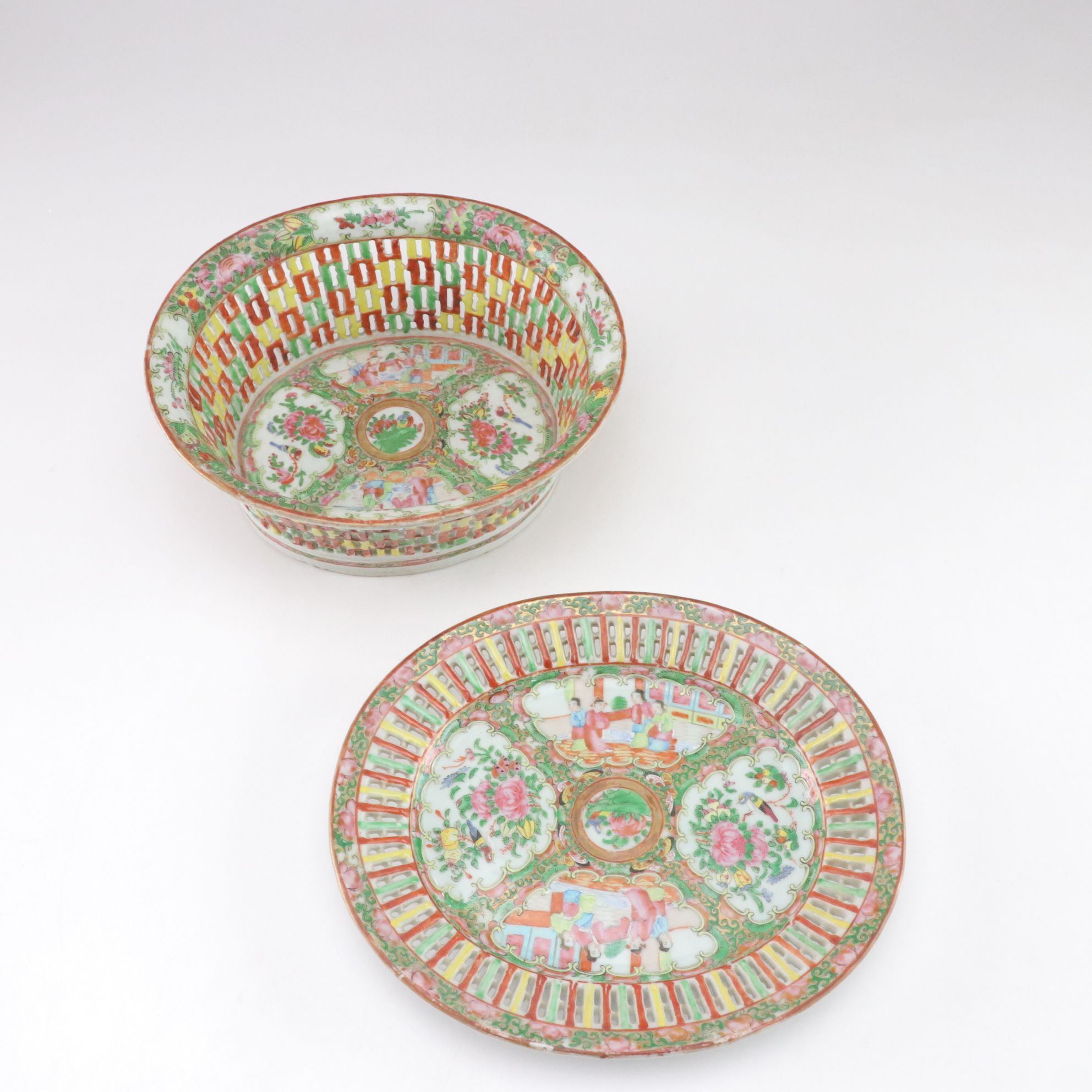 Chinese Rose Medallion Reticulated Porcelain Chestnut Basket with Underplate