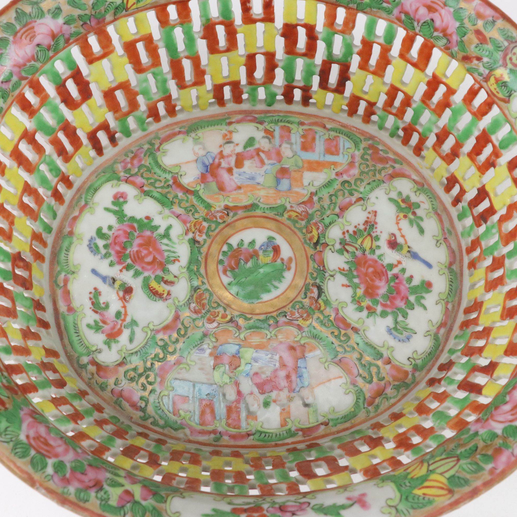 Chinese Rose Medallion Reticulated Porcelain Chestnut Basket with Underplate