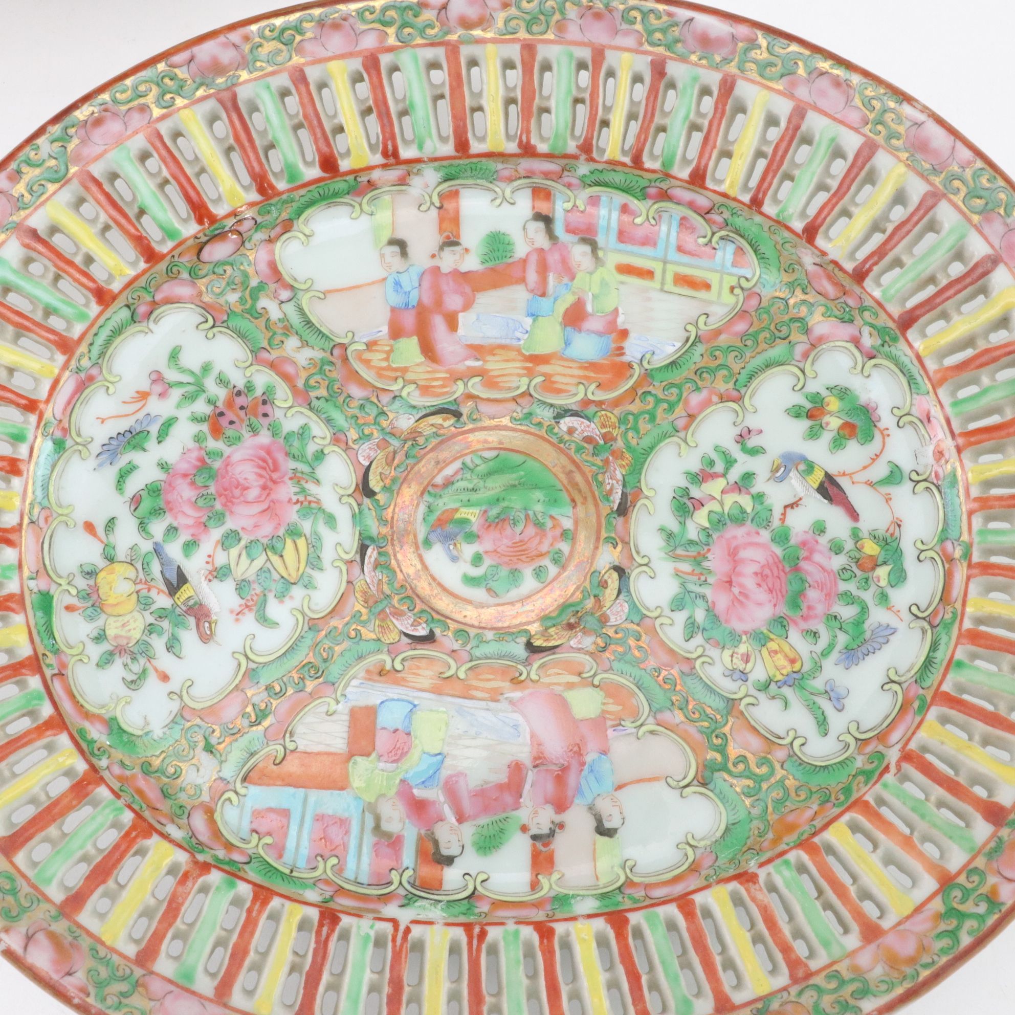 Chinese Rose Medallion Reticulated Porcelain Chestnut Basket with Underplate