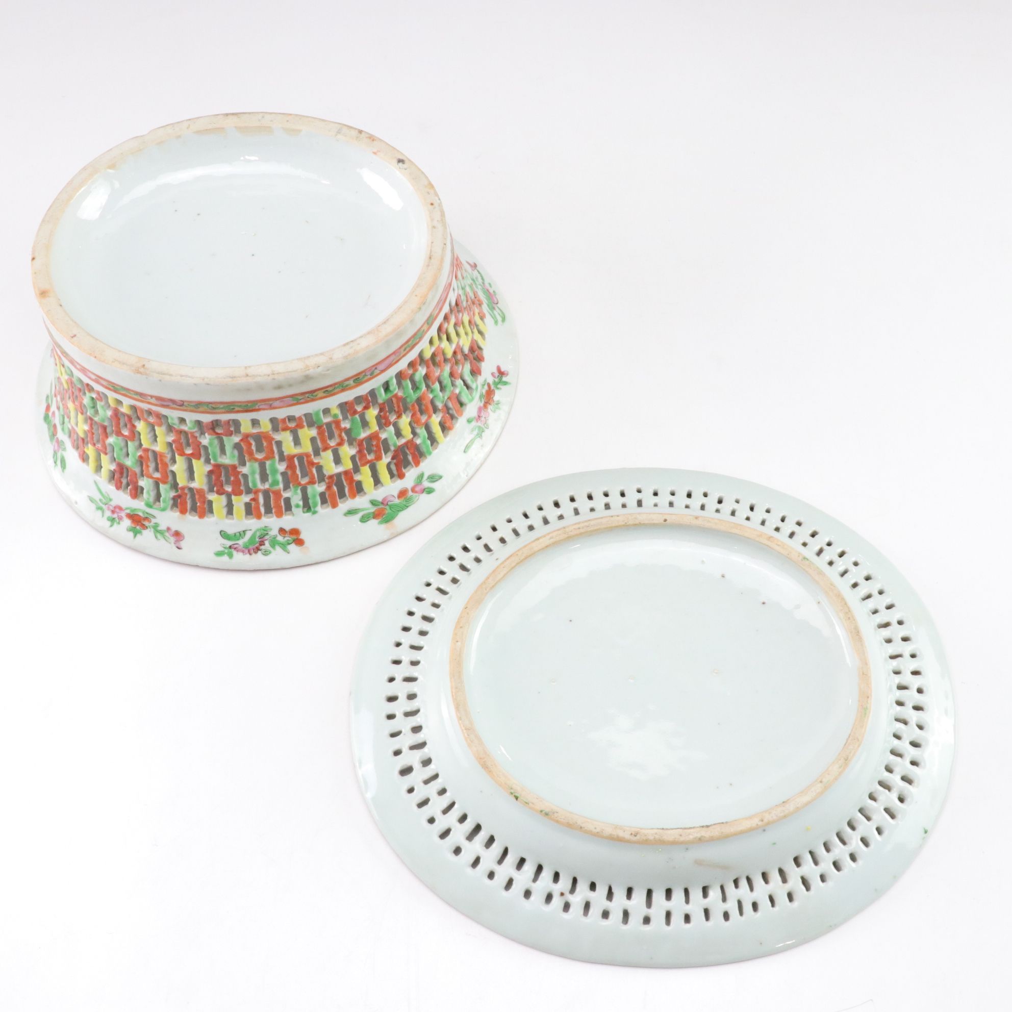 Chinese Rose Medallion Reticulated Porcelain Chestnut Basket with Underplate