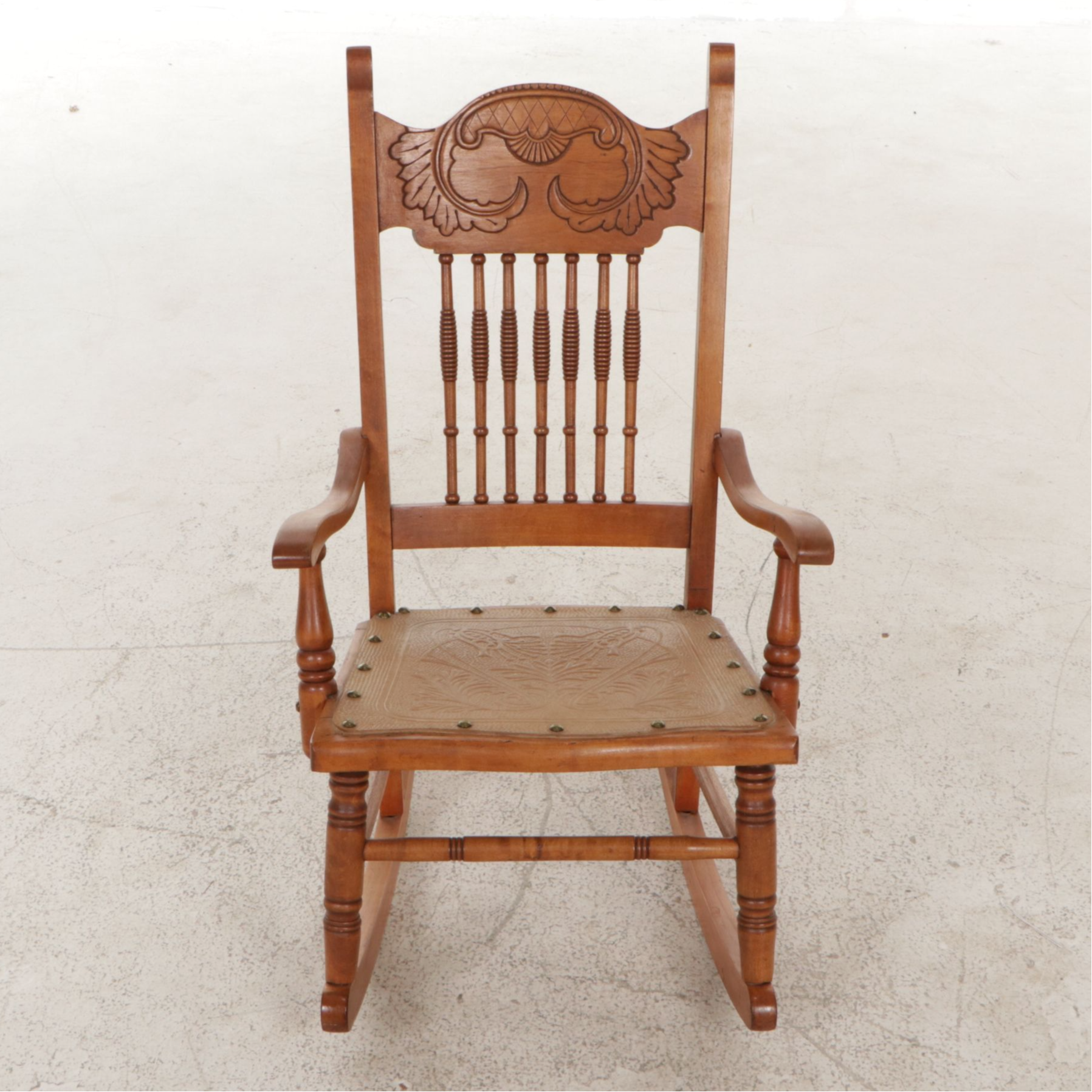Press-Back Wood Child's Rocking Chair with Embossed Leather Seat