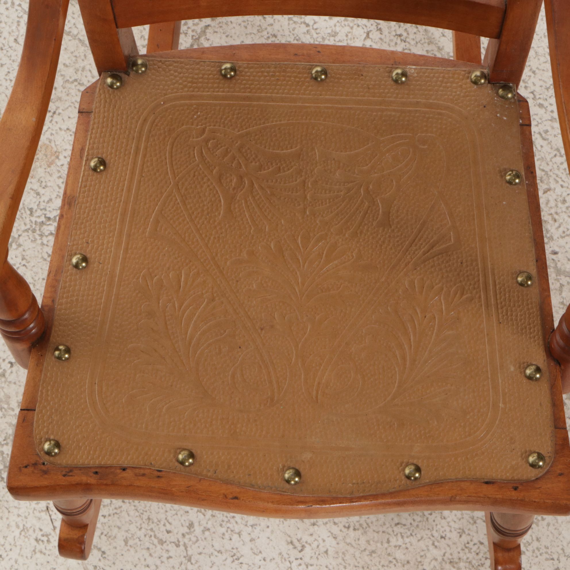 Press-Back Wood Child's Rocking Chair with Embossed Leather Seat
