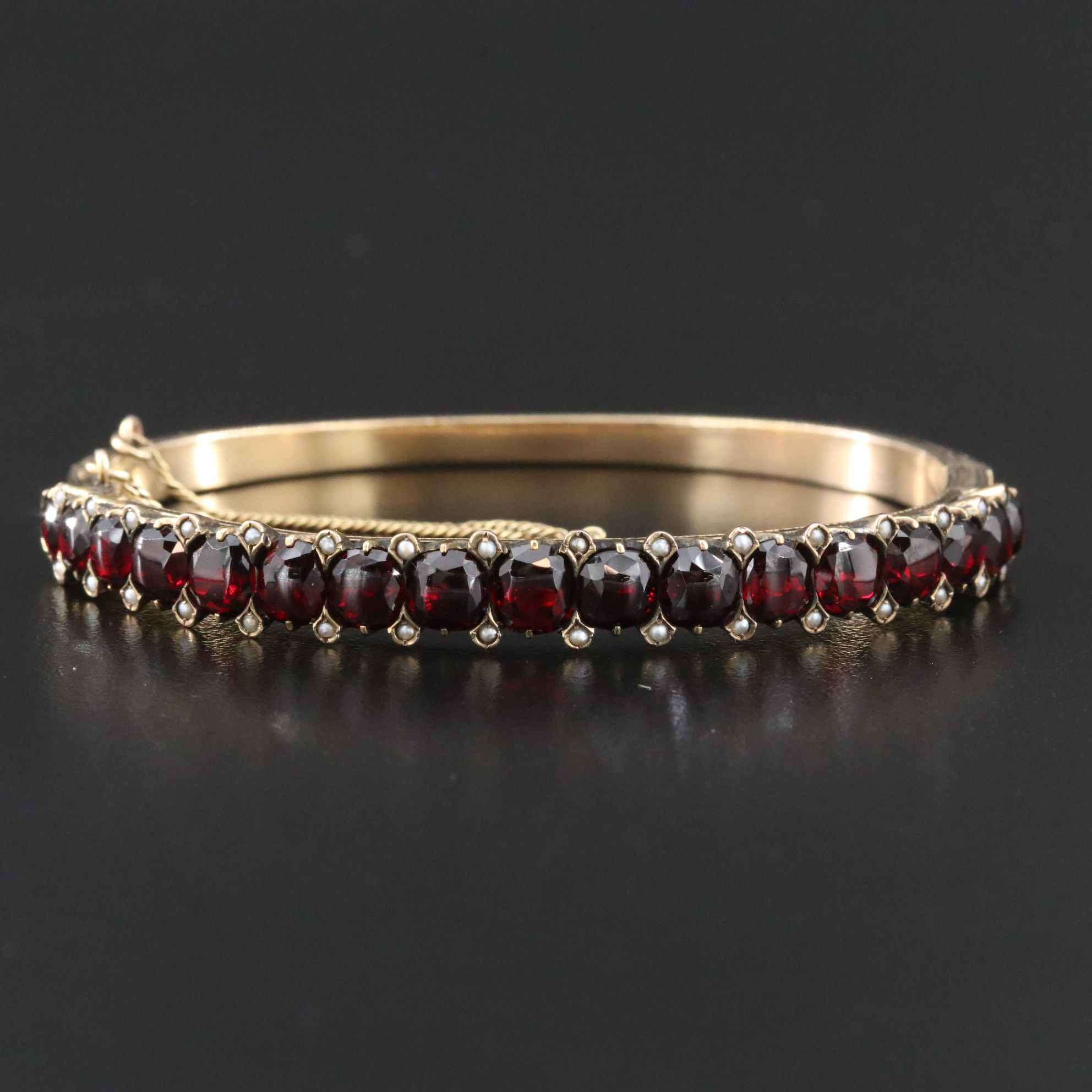 Victorian Garnet and Seed Pearl Hinged Bracelet
