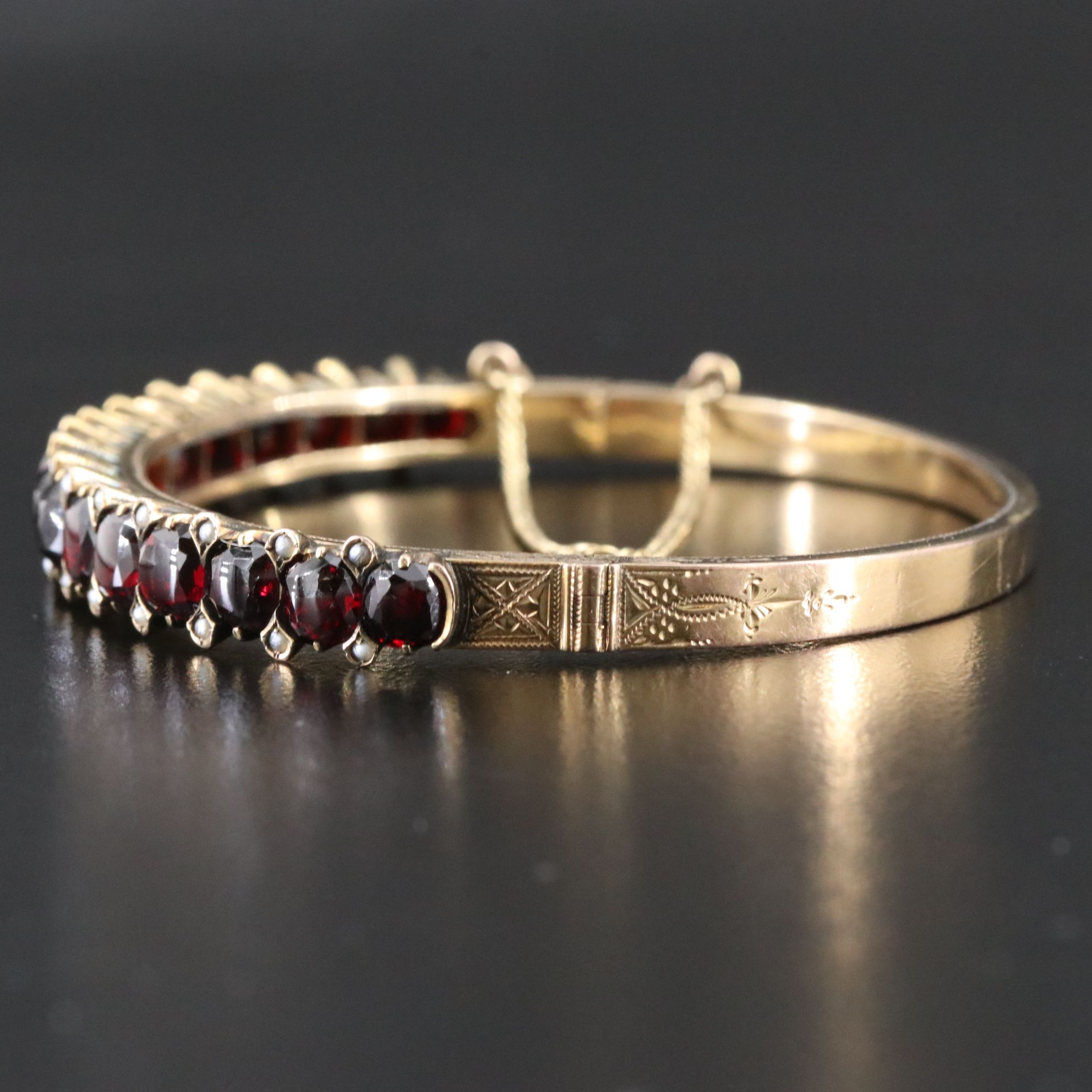 Victorian Garnet and Seed Pearl Hinged Bracelet