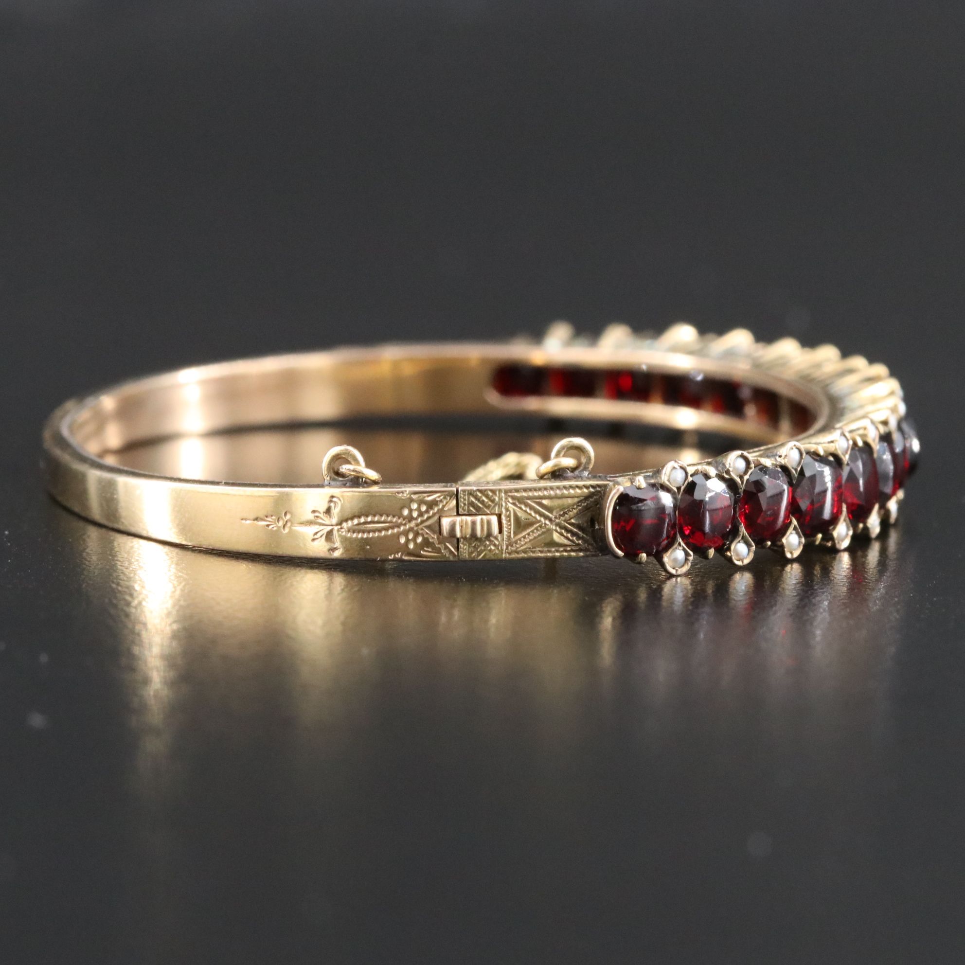 Victorian Garnet and Seed Pearl Hinged Bracelet
