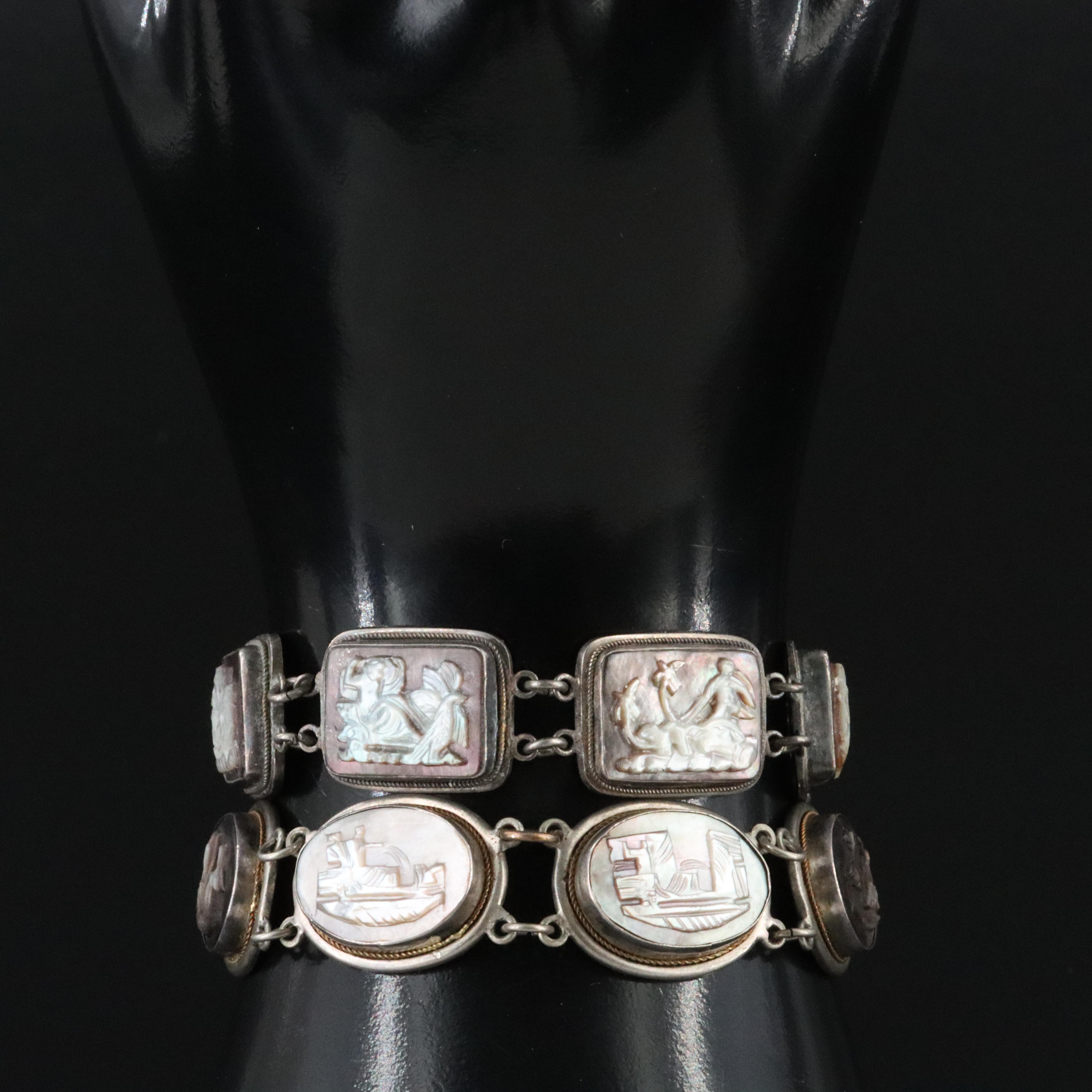 Sterling & 800 Silver Greco-Roman Revival Days of the Week Cameo Bracelets