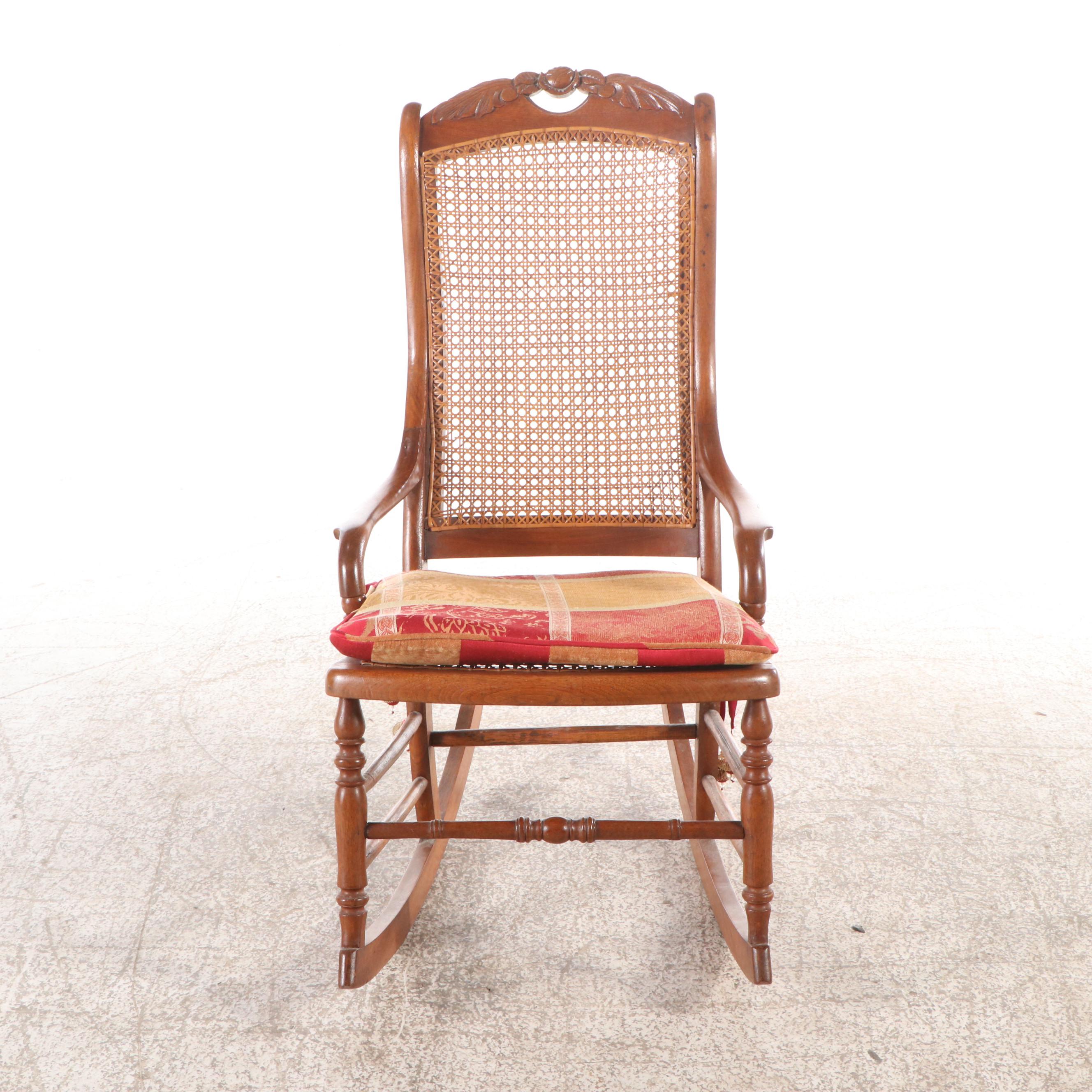 Victorian Carved Walnut Rocking Chair with Rattan Back and Seat