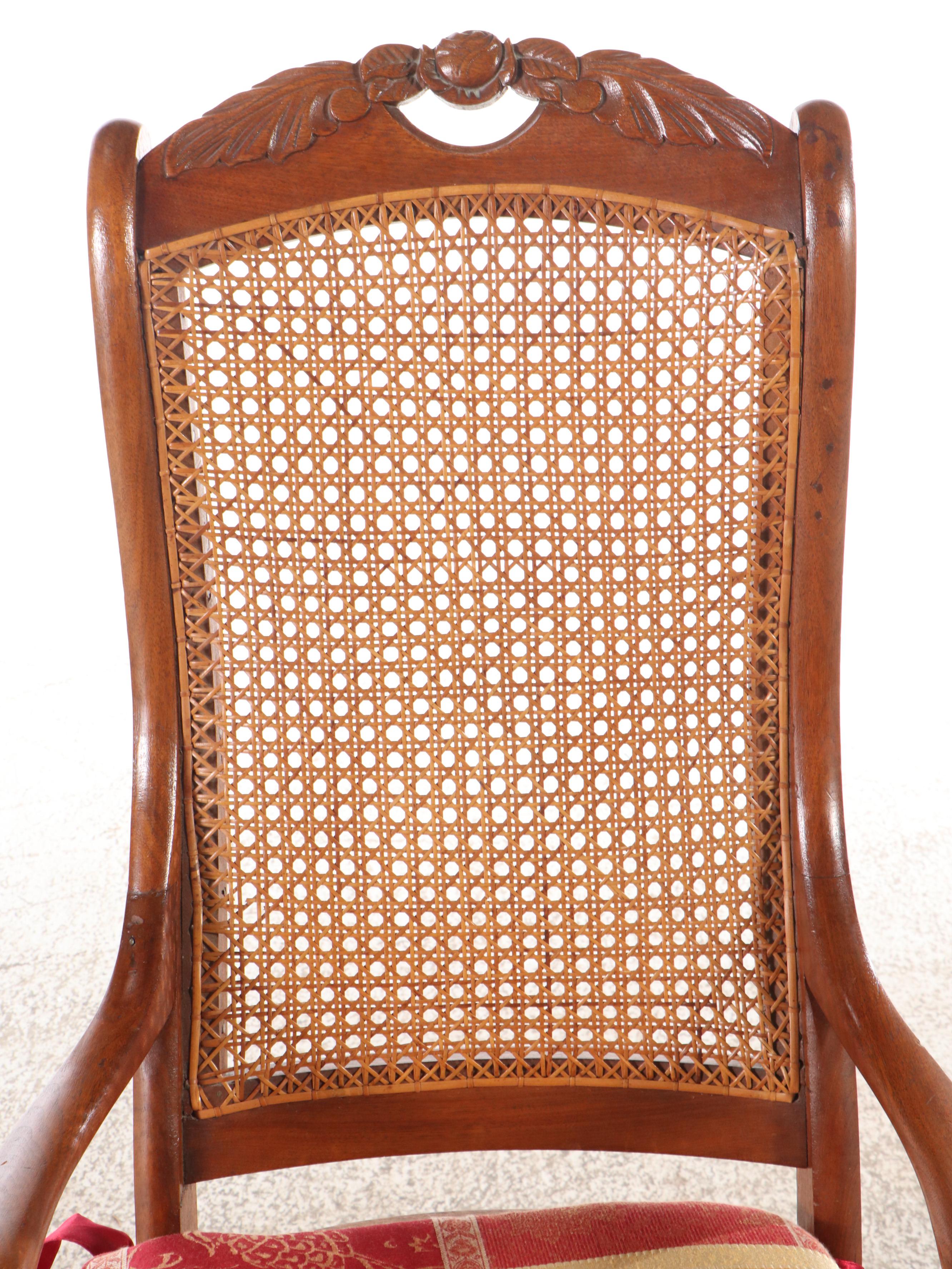 Victorian Carved Walnut Rocking Chair with Rattan Back and Seat