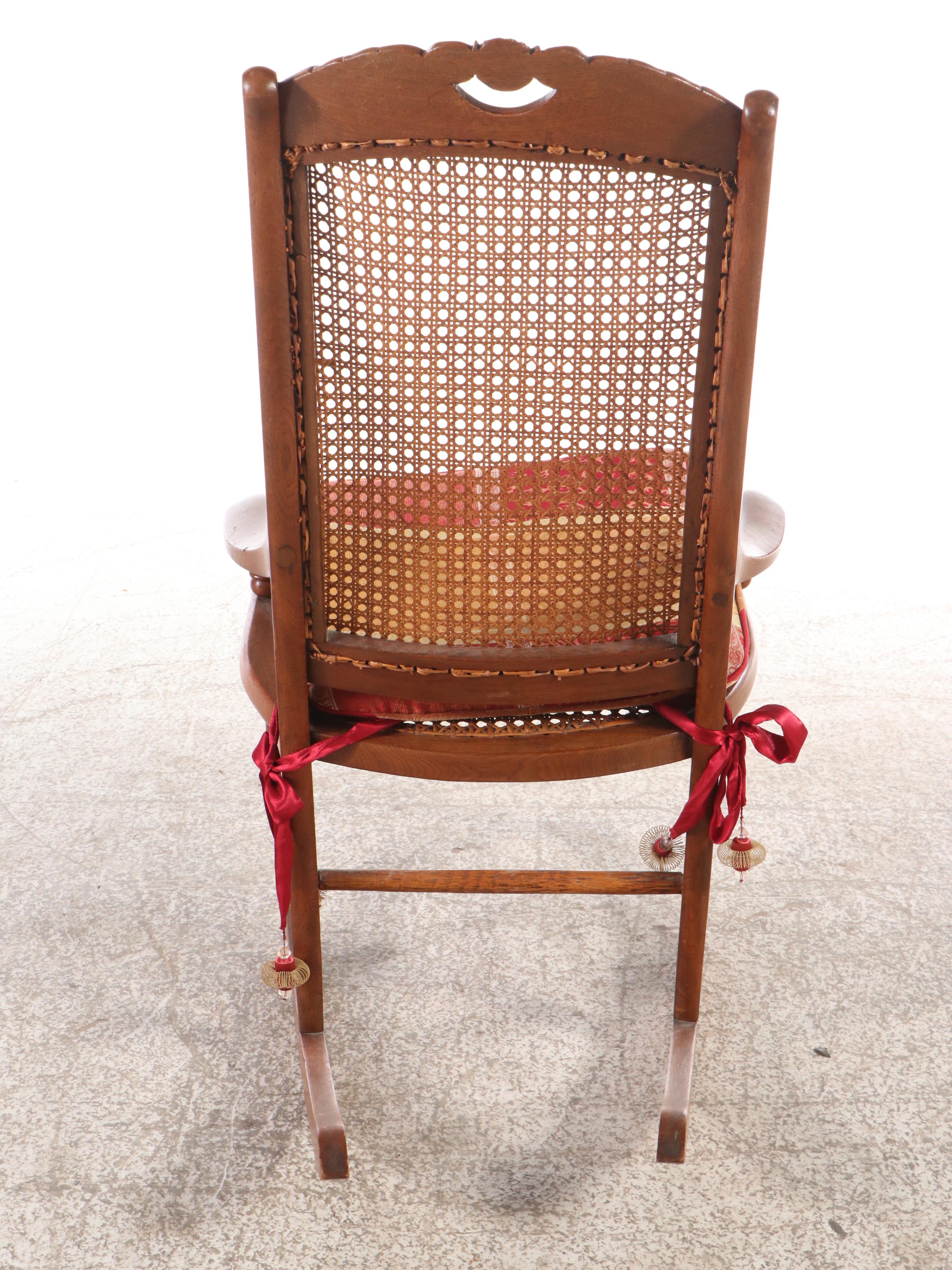 Victorian Carved Walnut Rocking Chair with Rattan Back and Seat